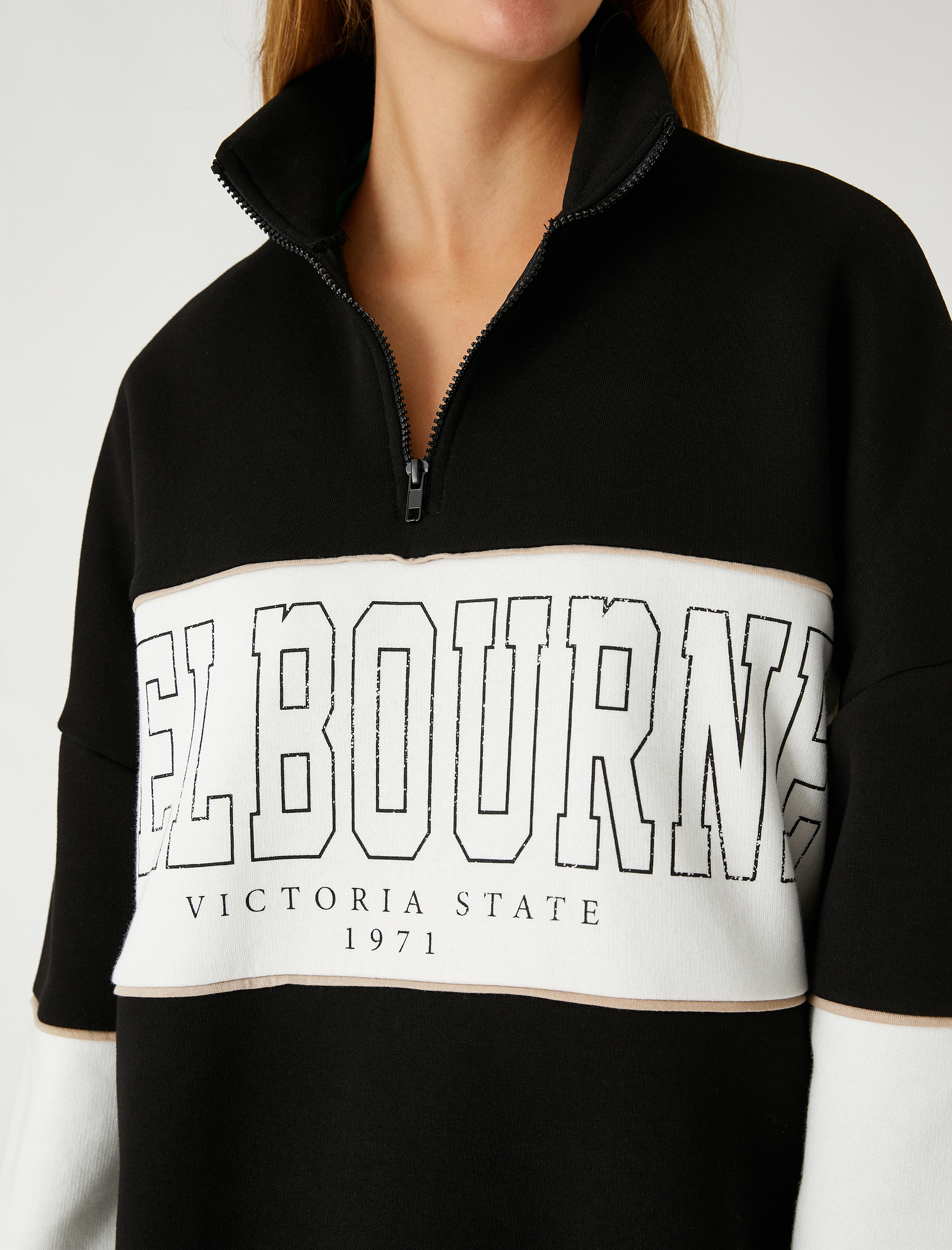   Oversize Kolej Sweatshirt İşlemeli Fermuarlı İçi Polarlı