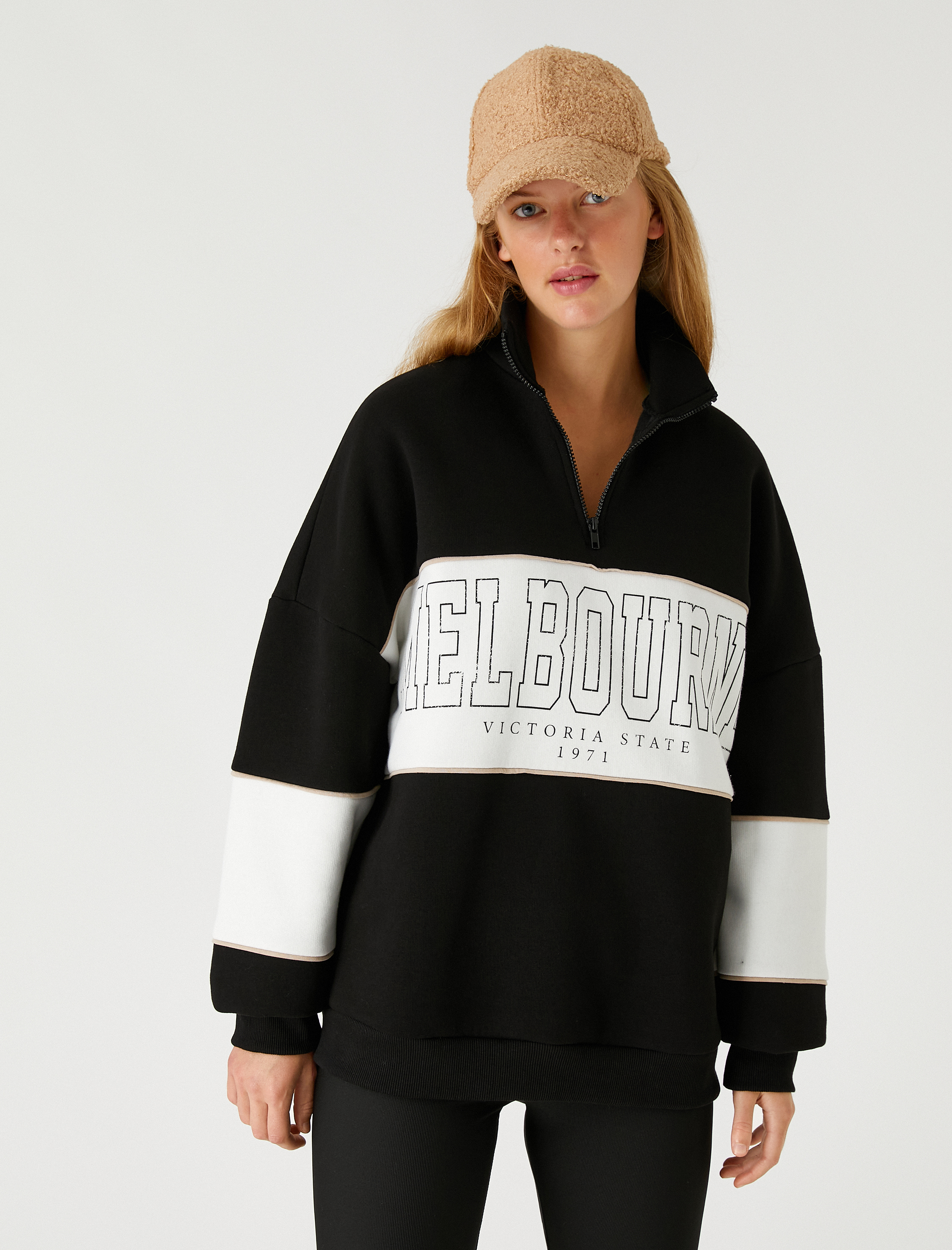   Oversize Kolej Sweatshirt İşlemeli Fermuarlı İçi Polarlı