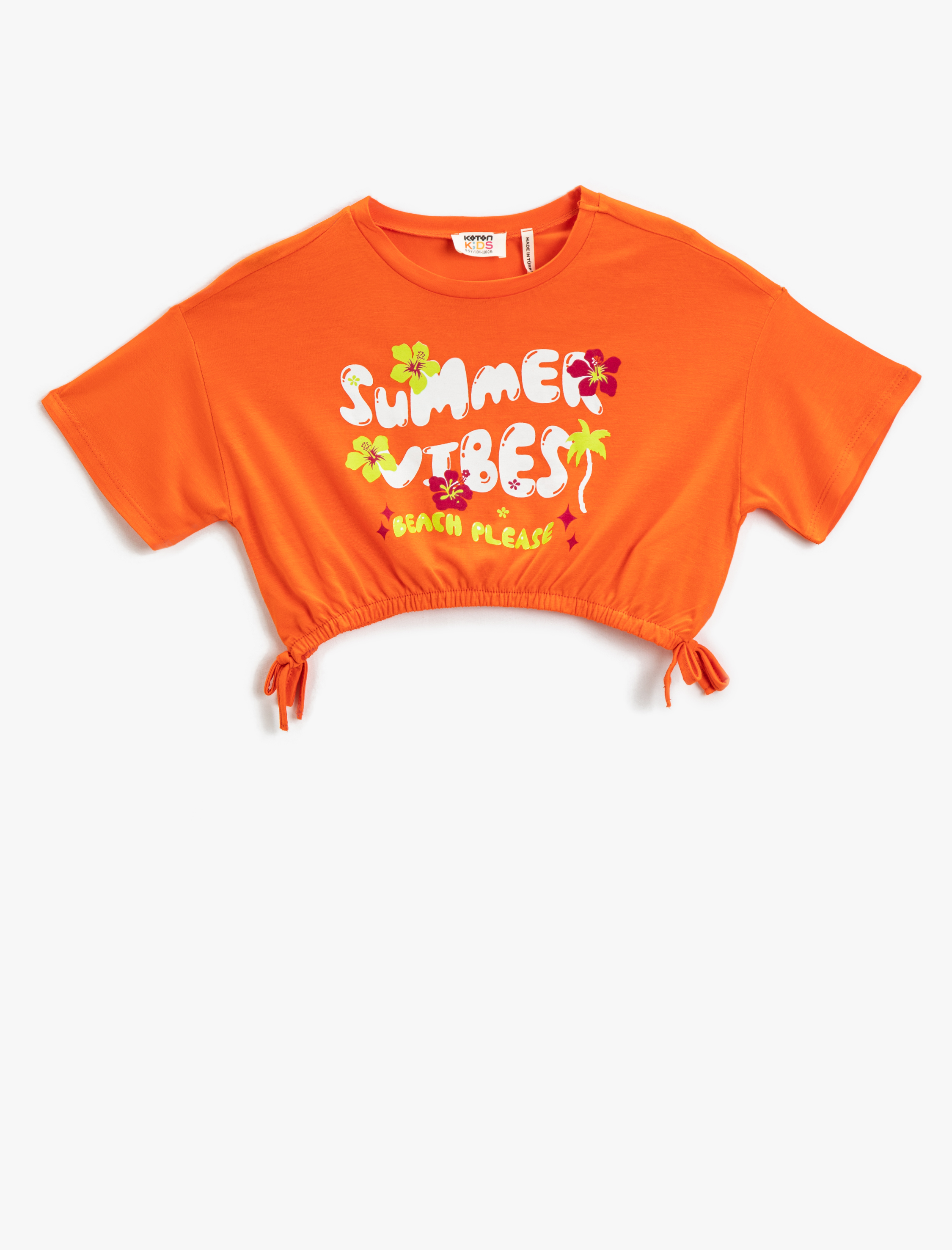  Kız Çocuk Crop Tişört Baskılı Beli Büzgülü