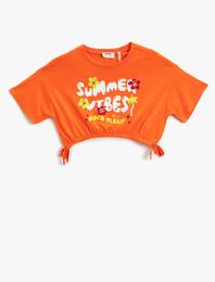 Crop Tişört Baskılı Beli Büzgülü