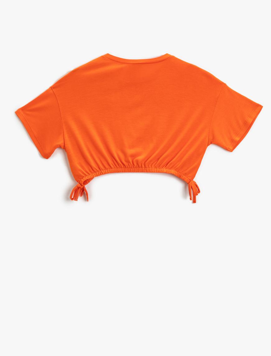  Kız Çocuk Crop Tişört Baskılı Beli Büzgülü