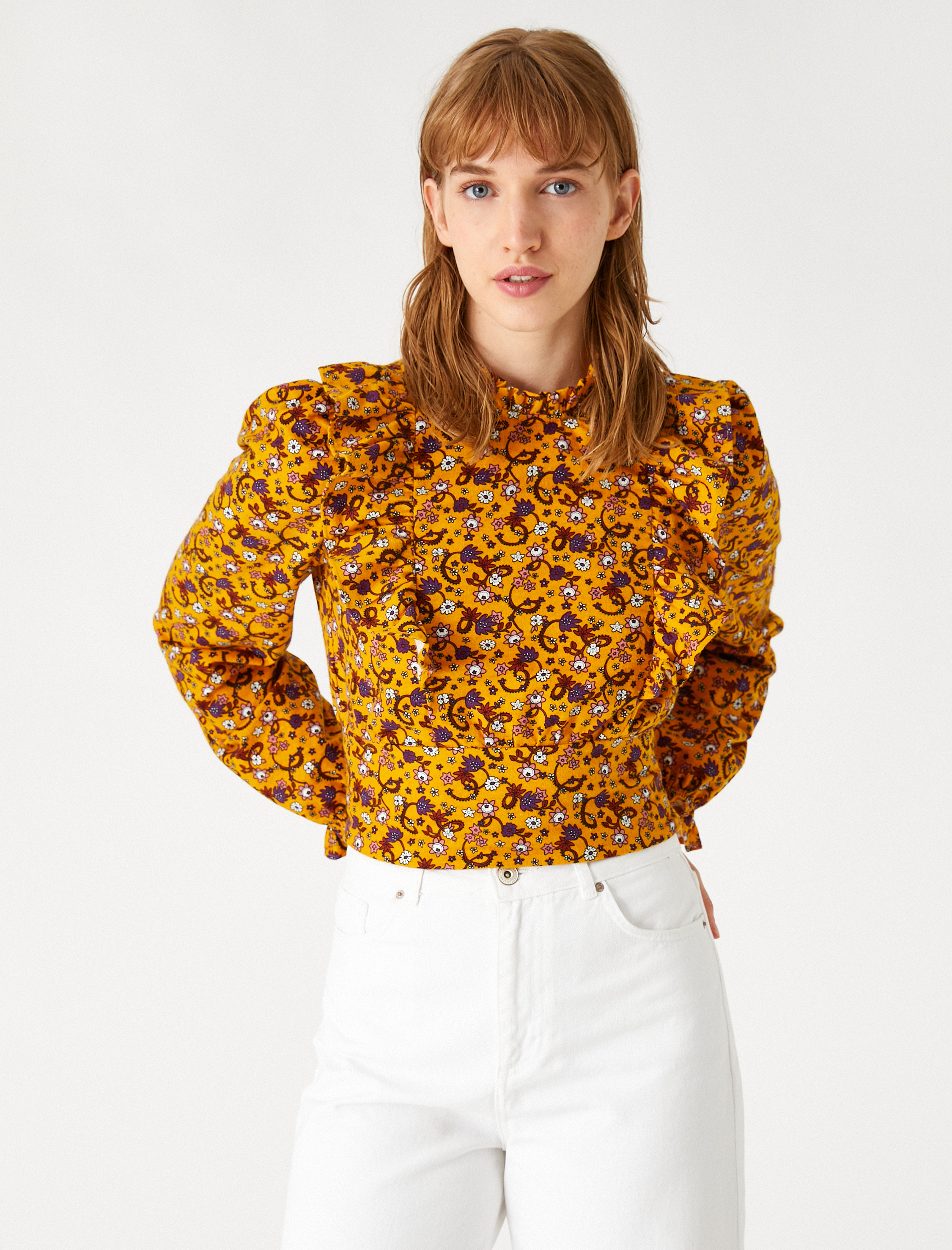   Pamuklu Fırfırlı Bluz Uzun Kollu