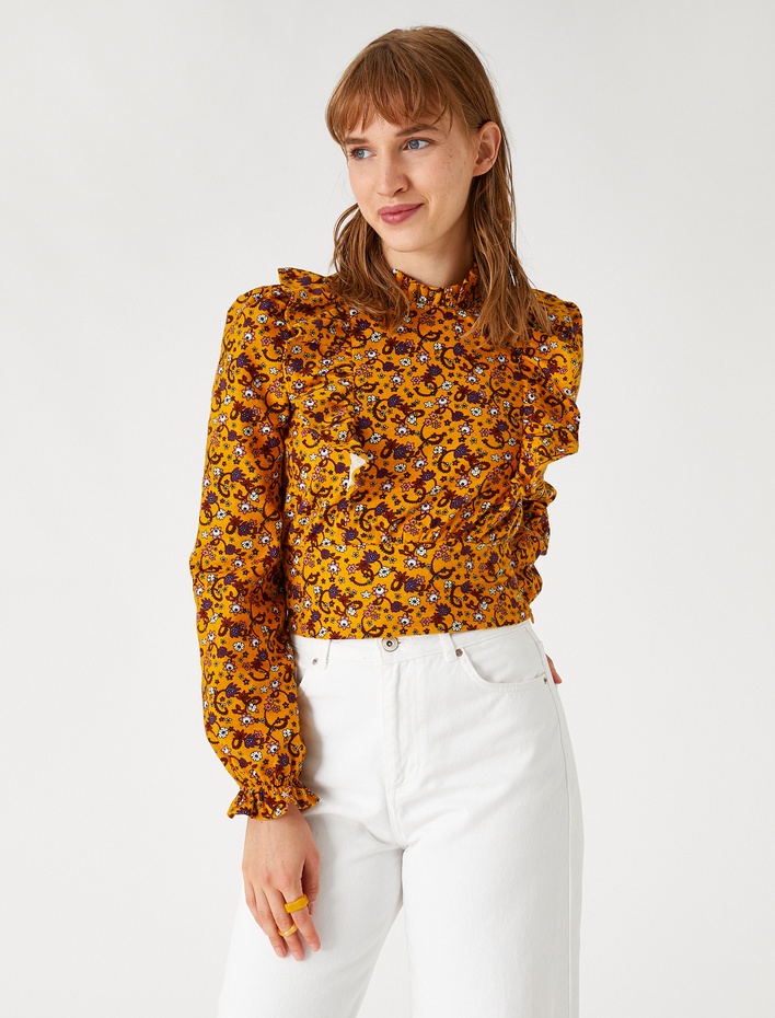  Pamuklu Fırfırlı Bluz Uzun Kollu