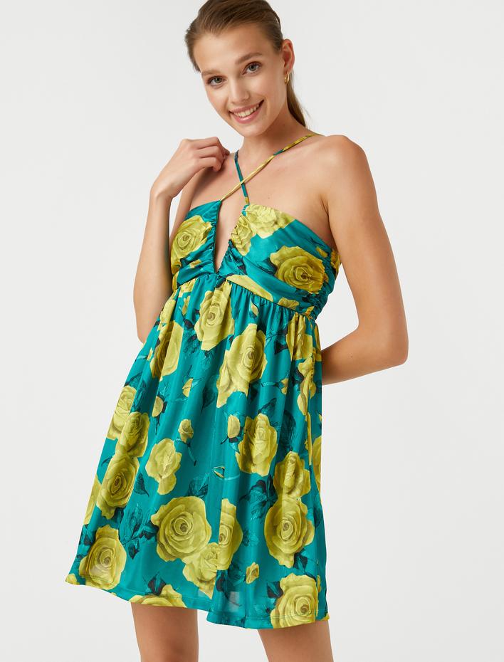  Çiçekli Mini Elbise Boyundan Bağlamalı