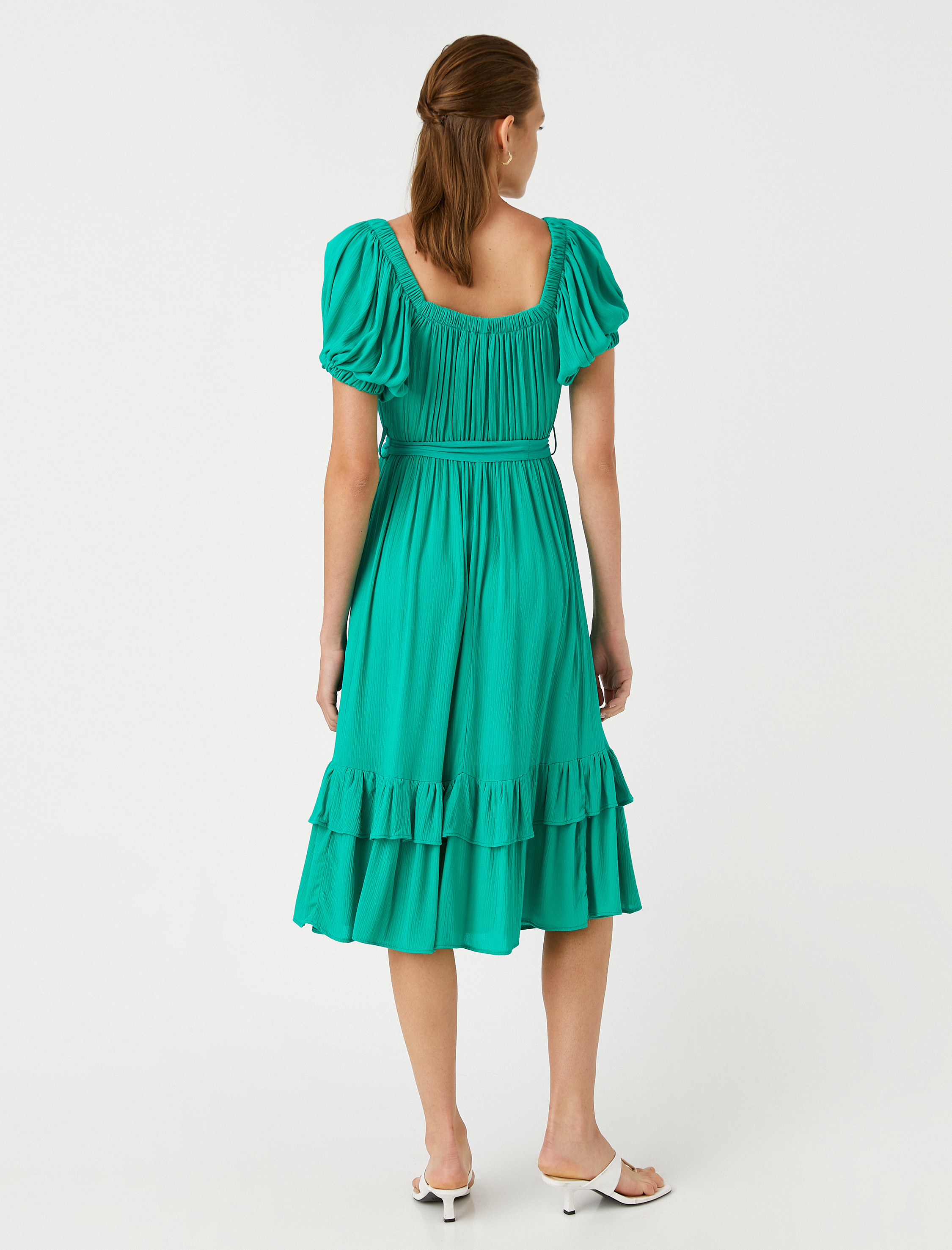   Midi Boy Viskon Elbise Volanlı