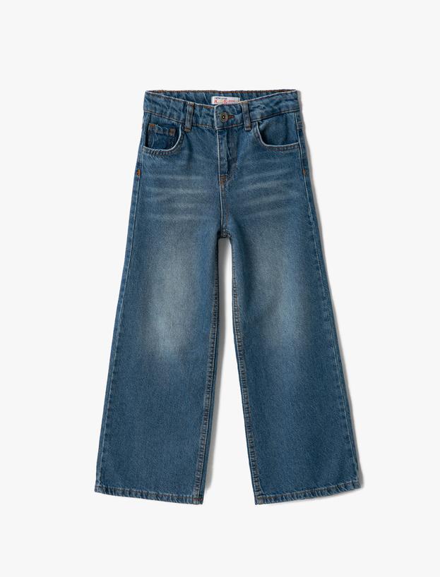  Kız Çocuk Kot Pantolon Geniş Paça Cepli Pamuklu - Wide Leg Jean