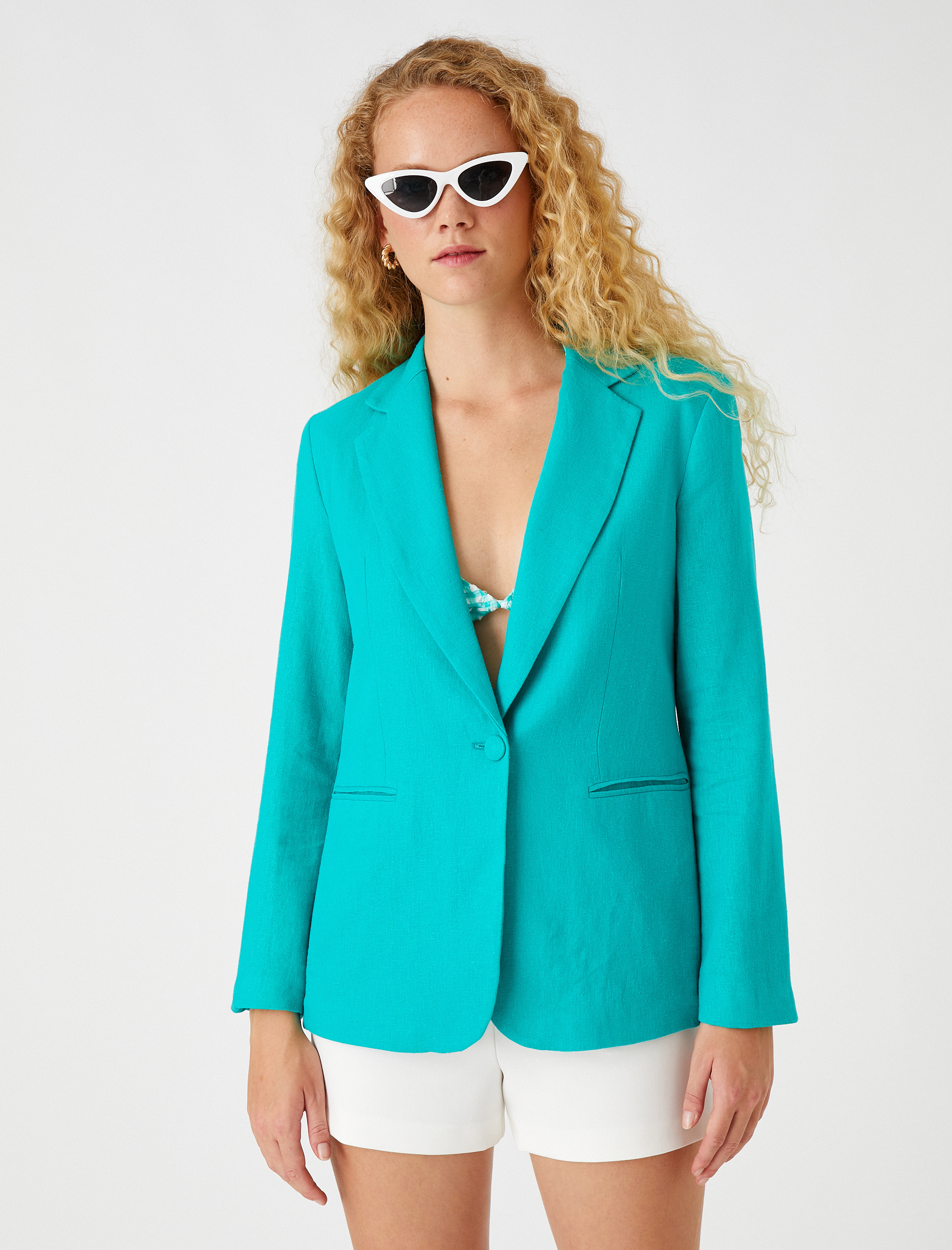   Keten Blazer Ceket Tek Düğmeli