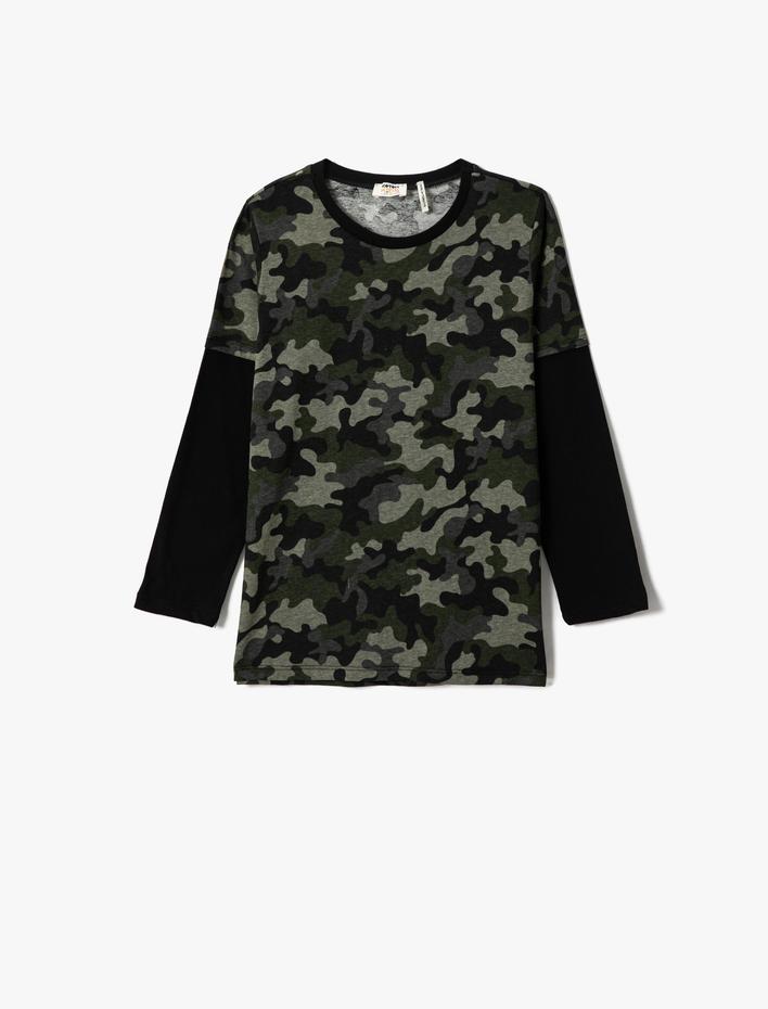 Erkek Çocuk Kamuflaj Desenli Tişört Uzun Kollu Pamuklu