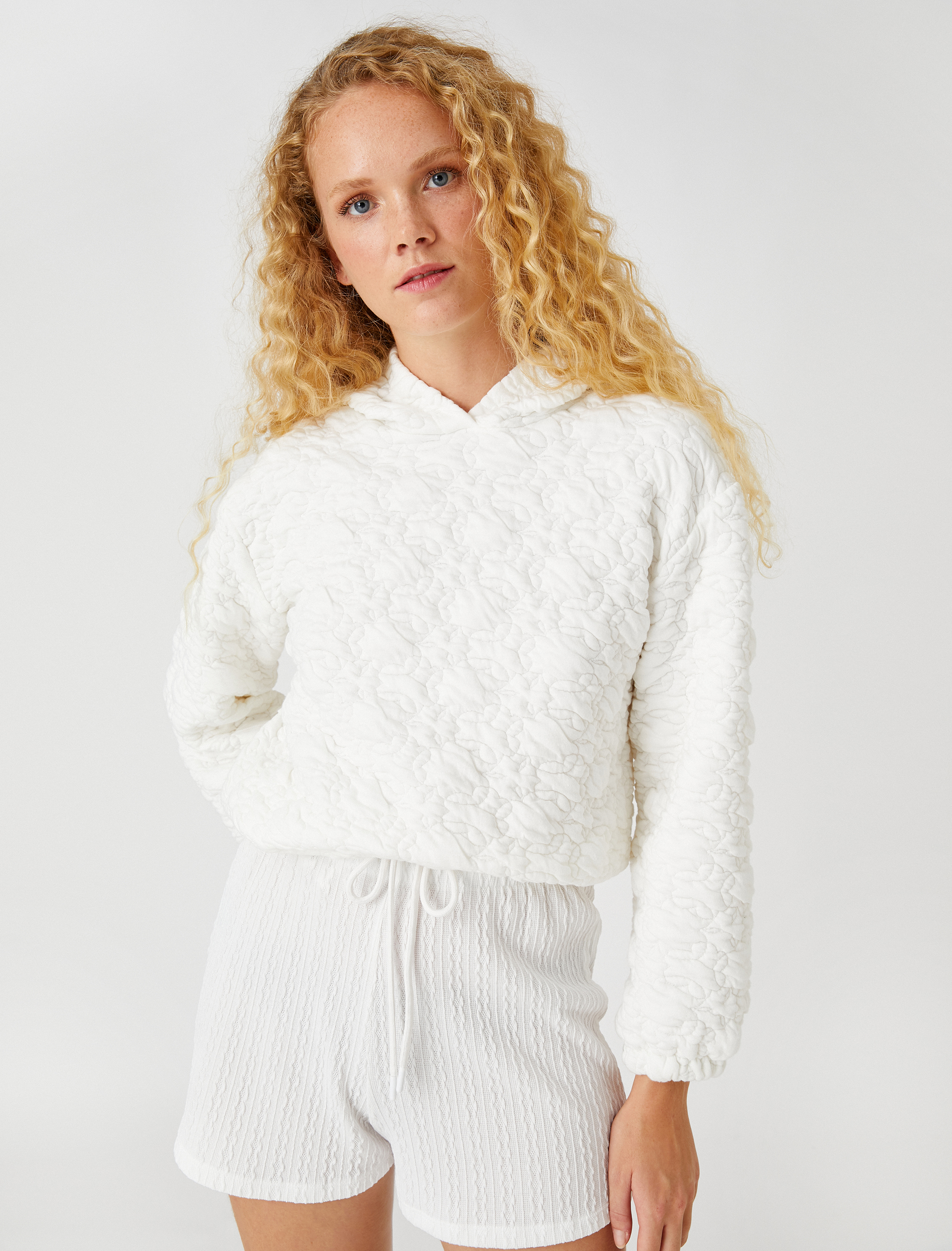   Kapüşonlu Sweatshirt Dokulu Beli Lastikli