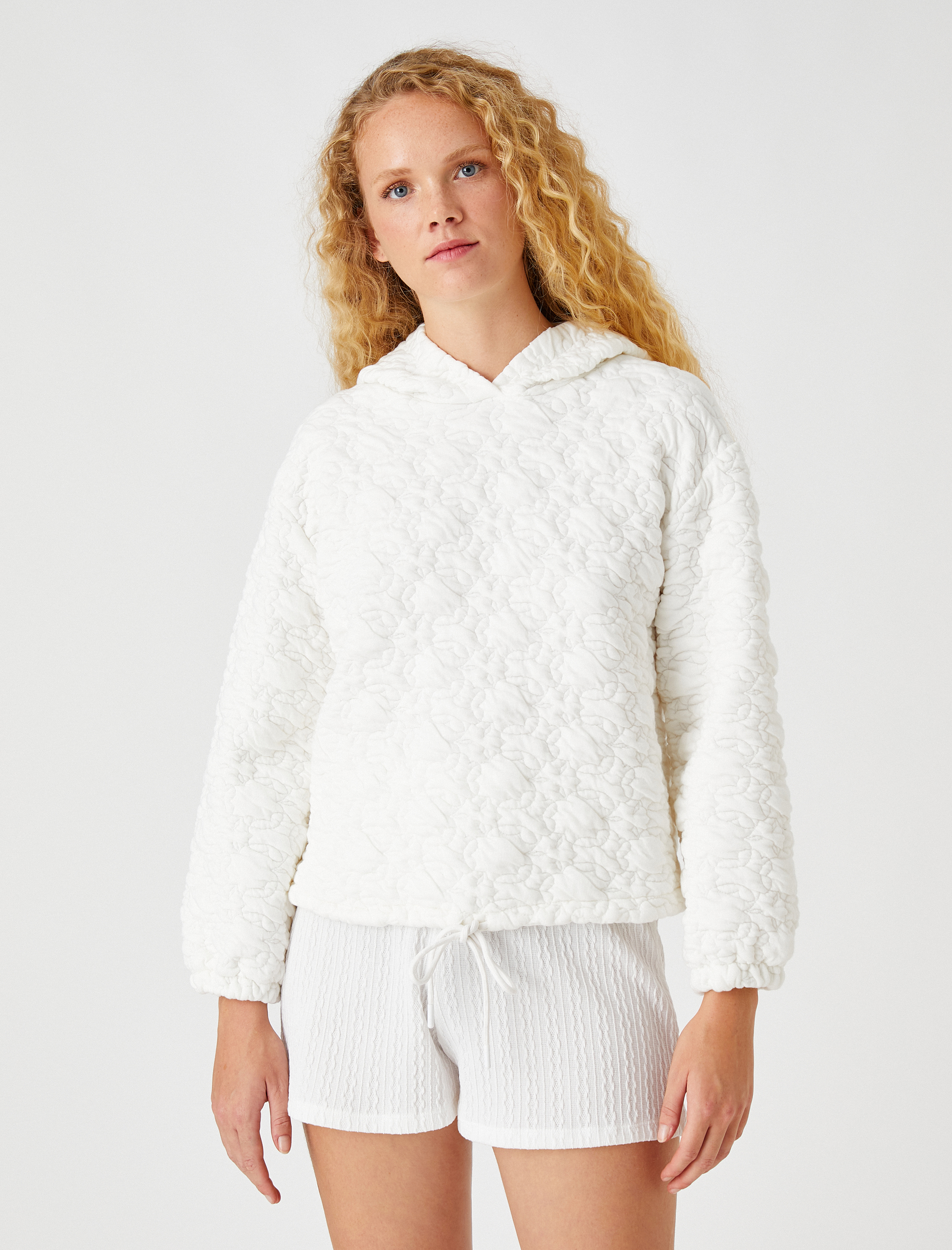   Kapüşonlu Sweatshirt Dokulu Beli Lastikli