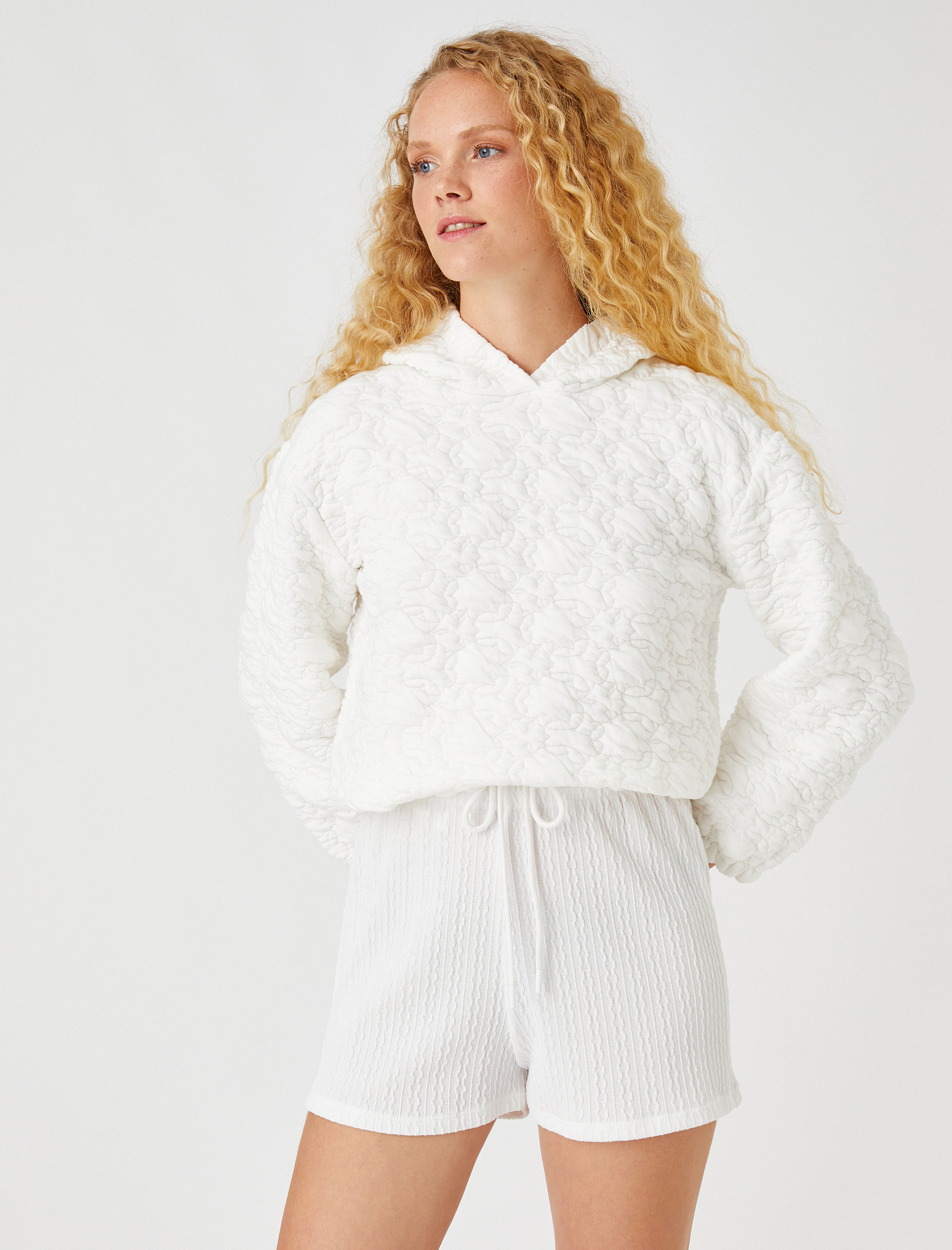   Kapüşonlu Sweatshirt Dokulu Beli Lastikli