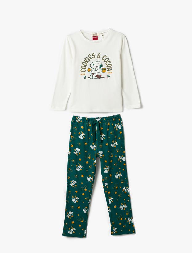 Kız Çocuk Kışlık Pijama Takımı Pamuklu Snoopy Baskılı Lisanslı