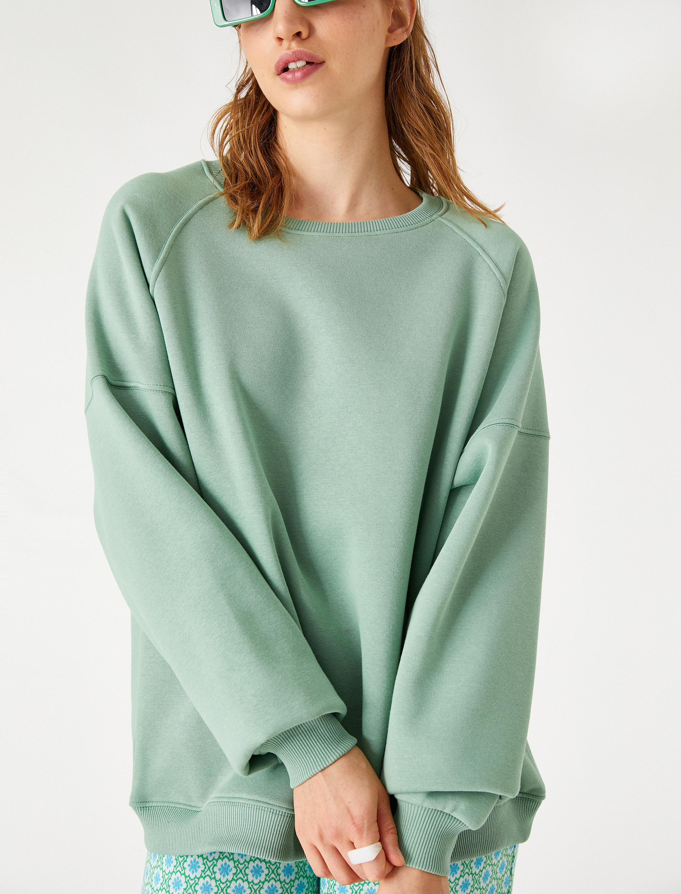   Oversize Bisiklet Yaka Sweatshirt İçi Polarlı