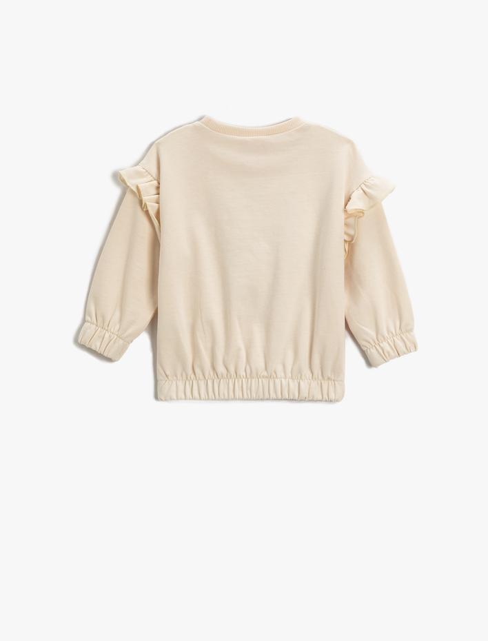 Kız Bebek Kedi Baskılı Fırfırlı Sweatshirt Pamuklu