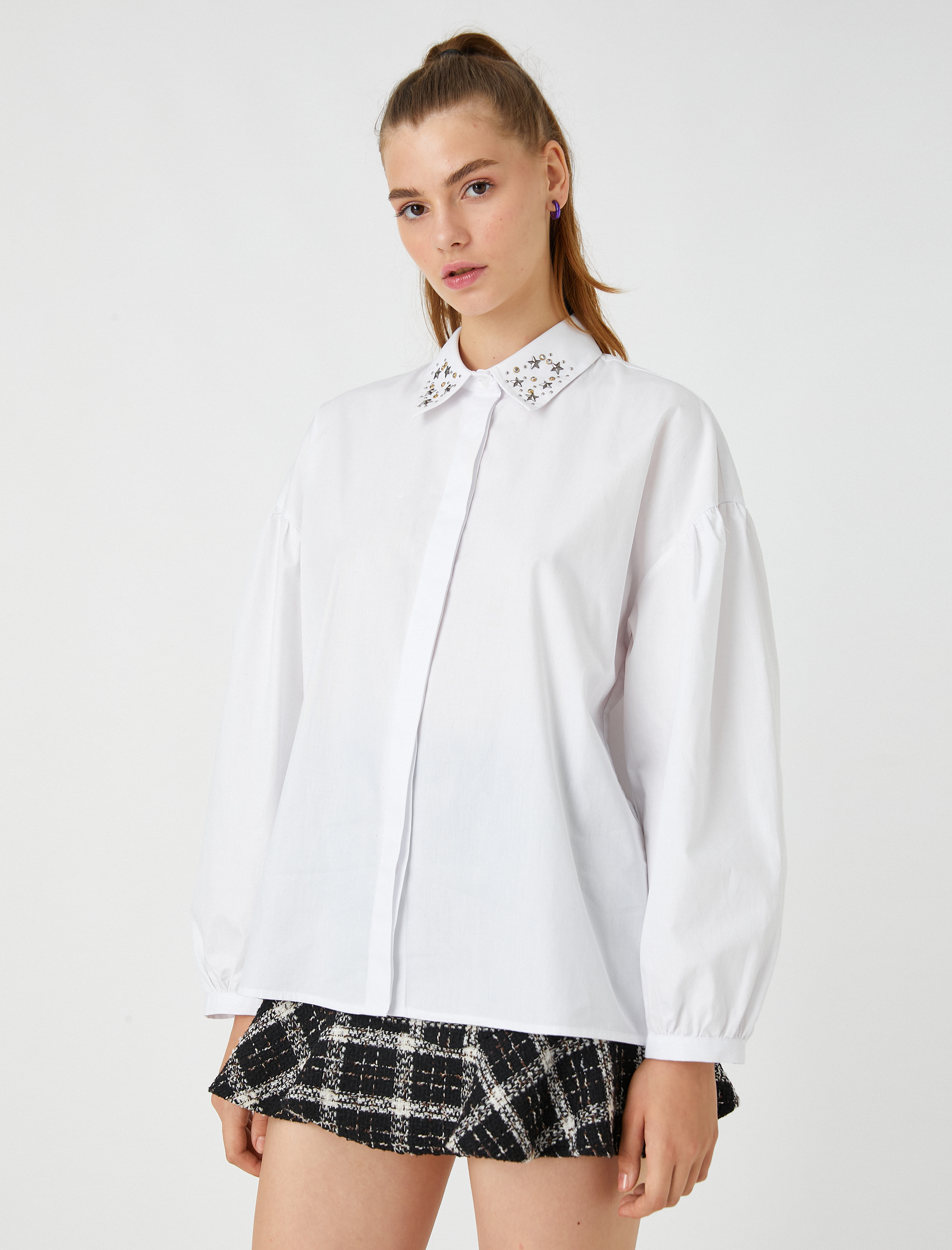   Oversize Gömlek Balon Kollu Metal Aksesuarlı