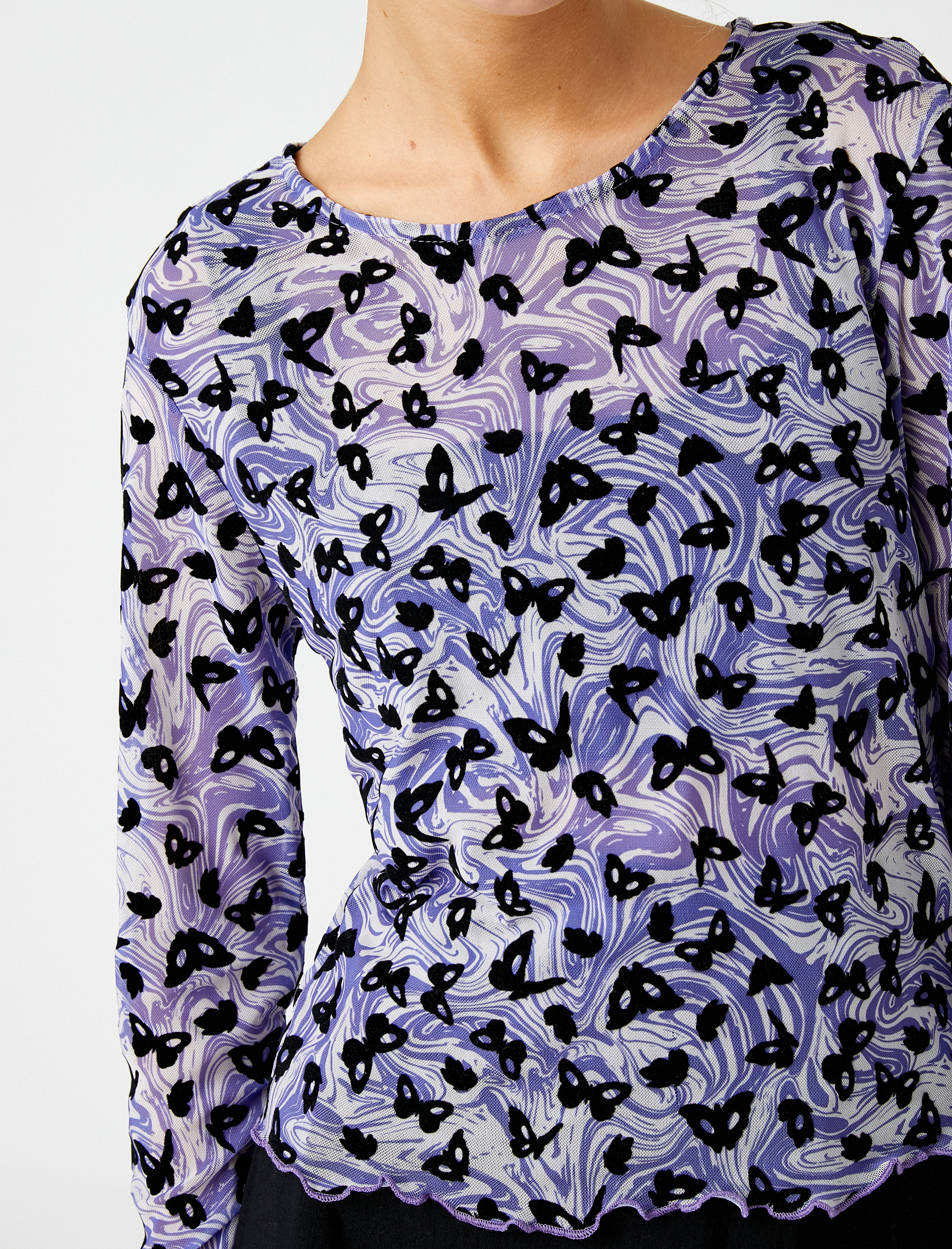   Uzun Kollu Tişört Desenli Bisiklet Yaka