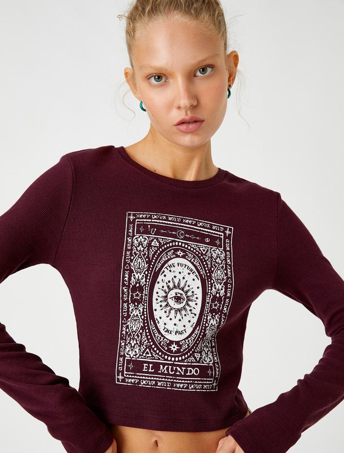  Uzun Kollu Tişört Crop Baskılı