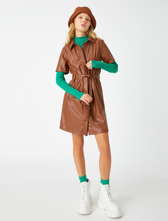  Deri Görünümlü Elbise Kısa Kollu