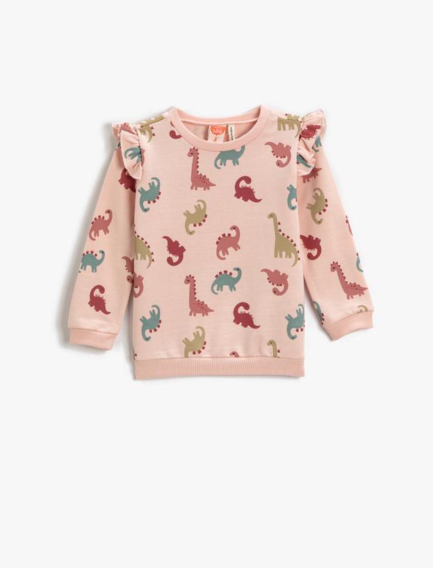  Kız Bebek Dinozor Baskılı Fırfırlı Sweatshirt Pamuklu