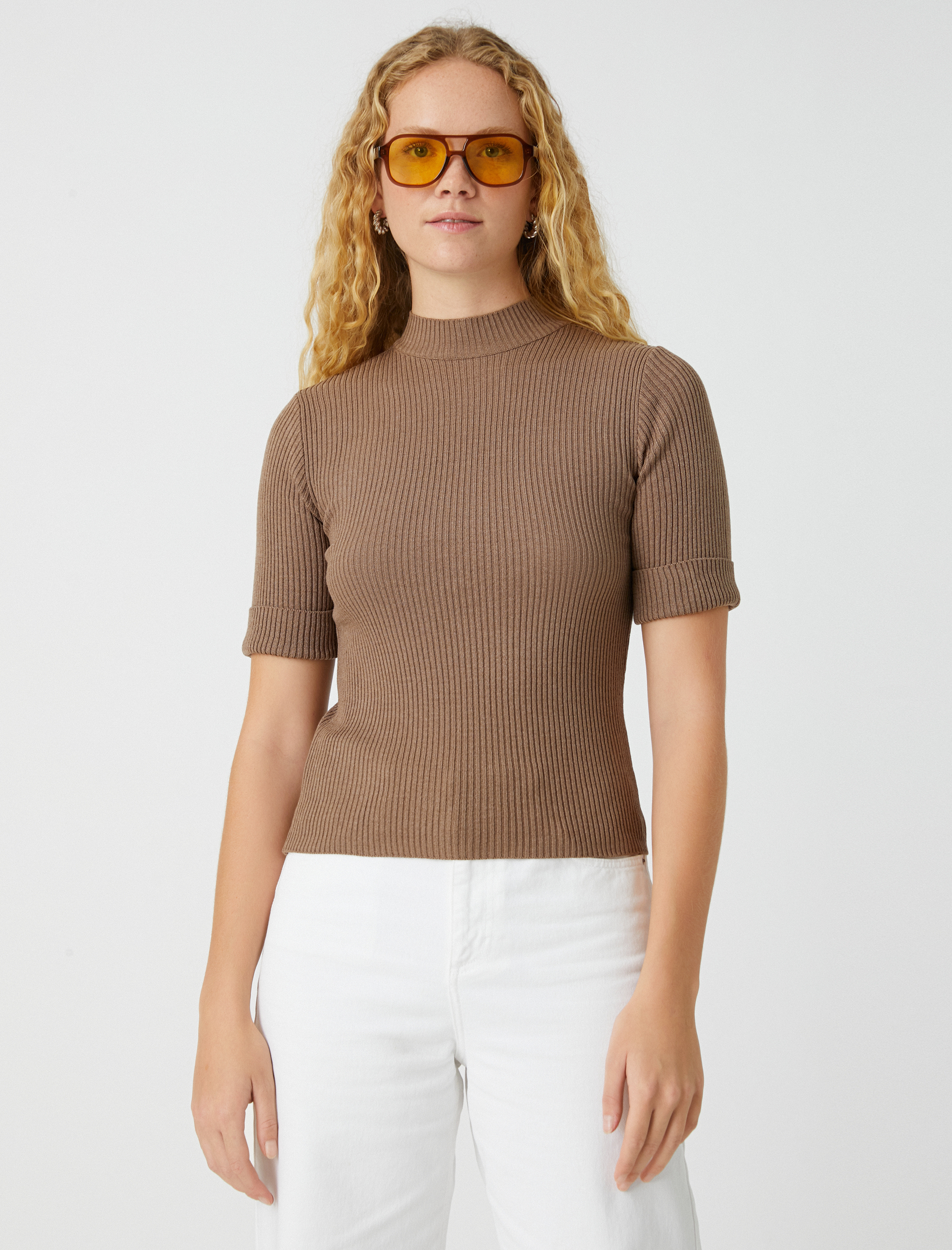   Boğazlı Kazak Kısa Kollu Kaşmir Dokulu