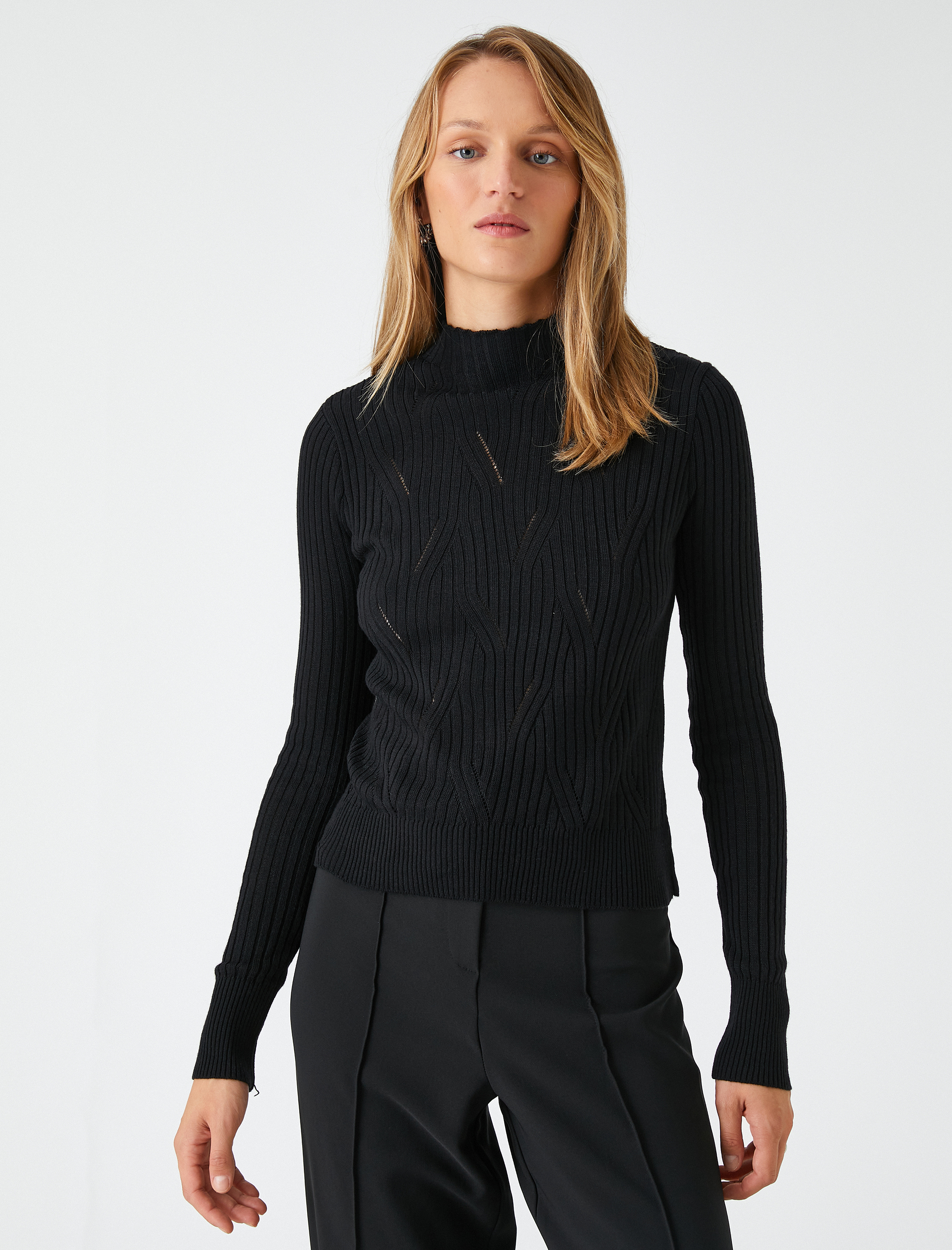 Balıkçı Yaka Kazak Örgü Desenli Kaşmir Dokulu