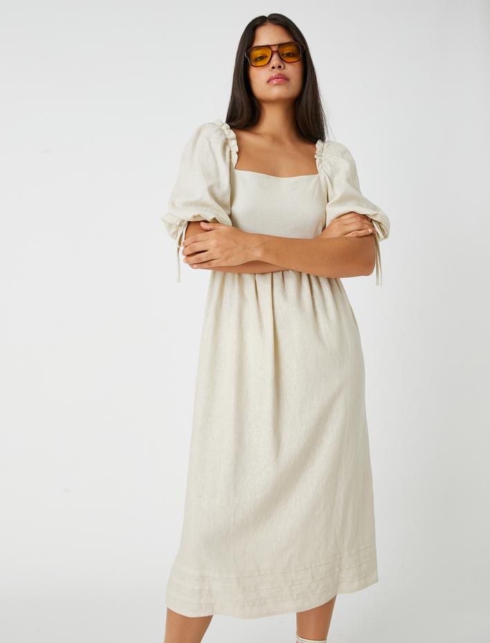  Midi Elbise Balon Kollu Kare Yaka Keten Karışımlı