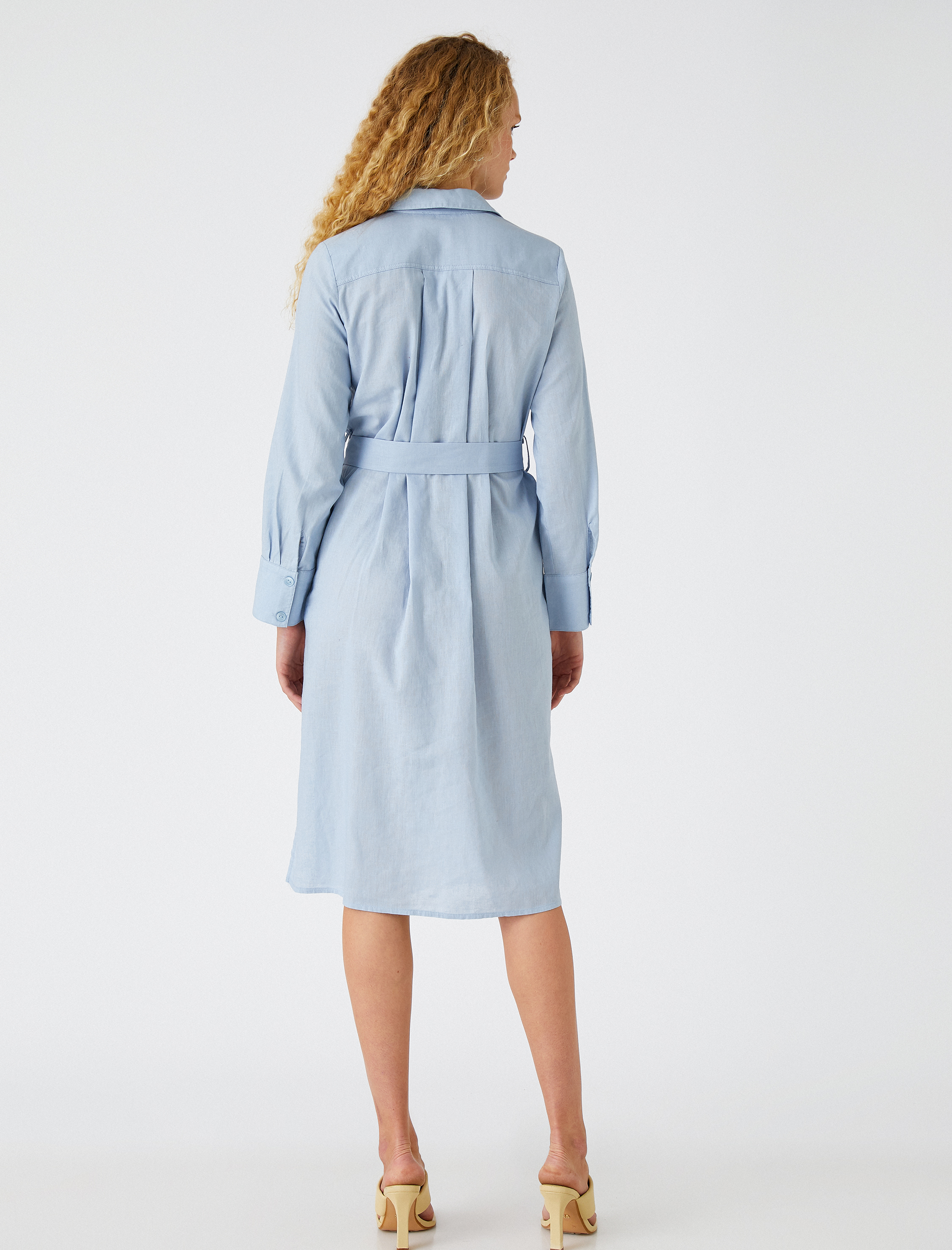   Midi Boy Gömlek Elbise Keten Karışımlı