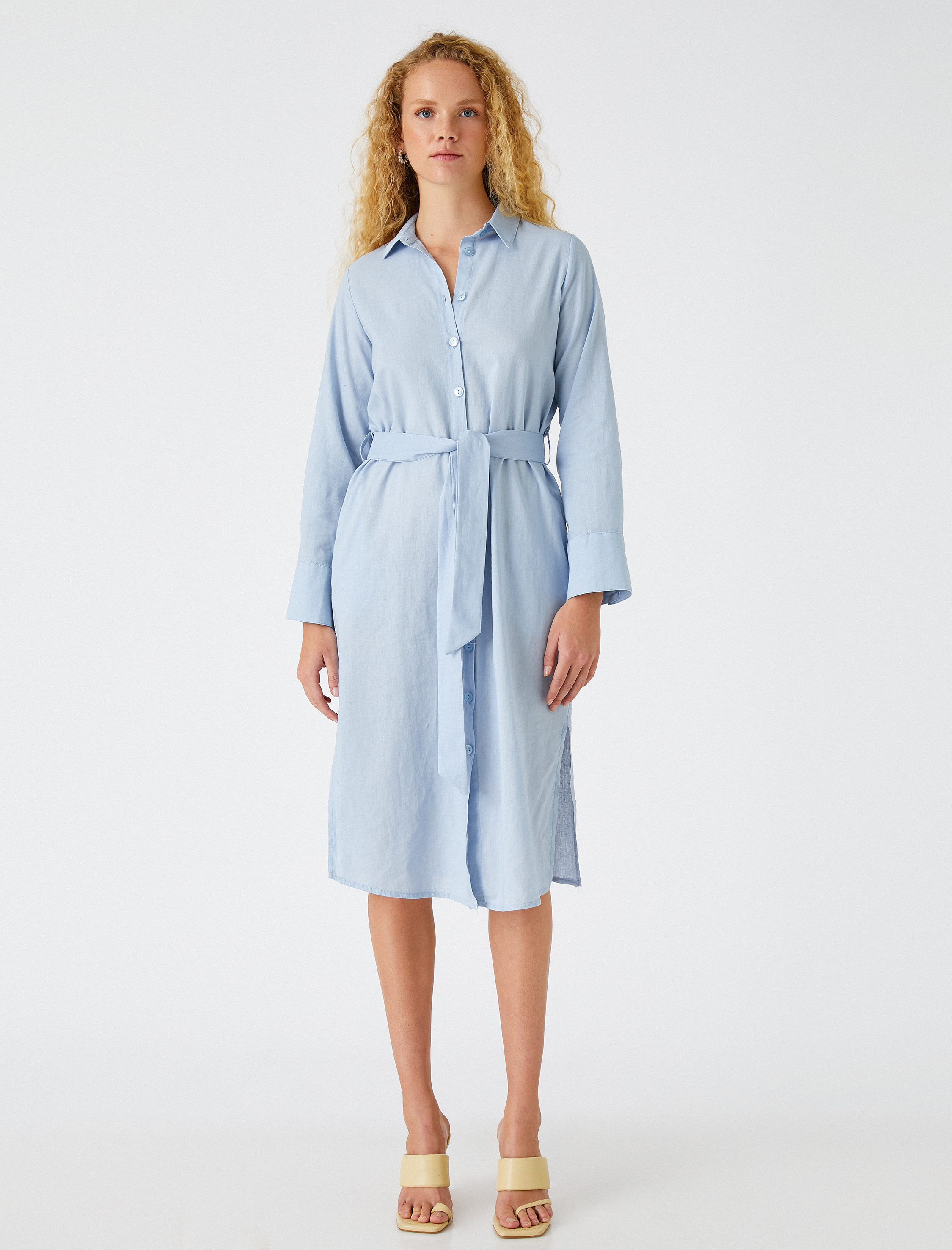   Midi Boy Gömlek Elbise Keten Karışımlı