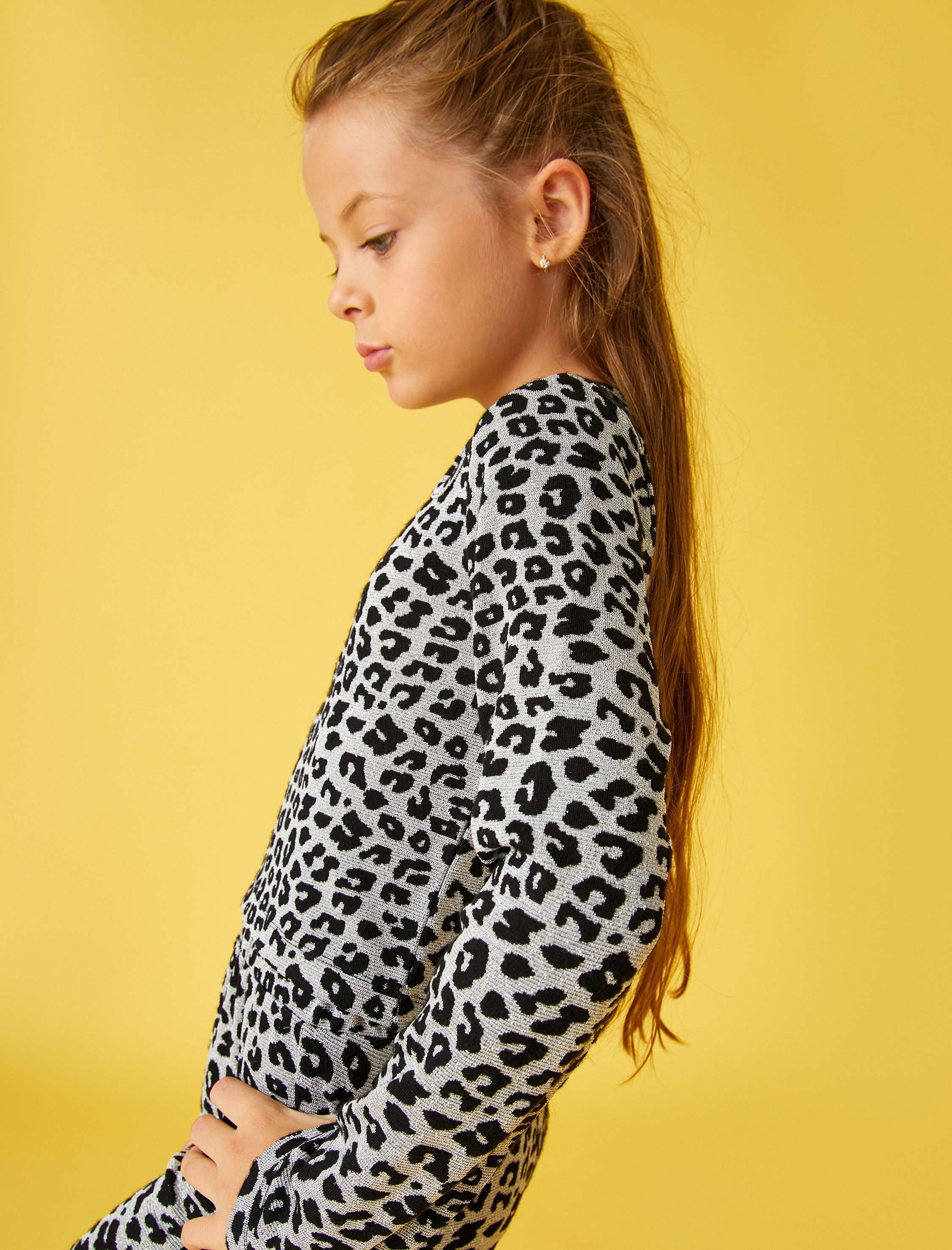  Kız Çocuk Crop Tişört Uzun Kollu Leopar Desenli