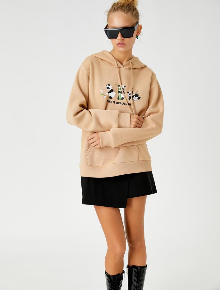  Baskılı Sweatshirt Kapüşonlu Cep Detaylı İçi Polarlı