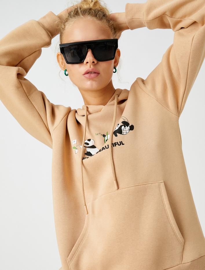  Baskılı Sweatshirt Kapüşonlu Cep Detaylı İçi Polarlı