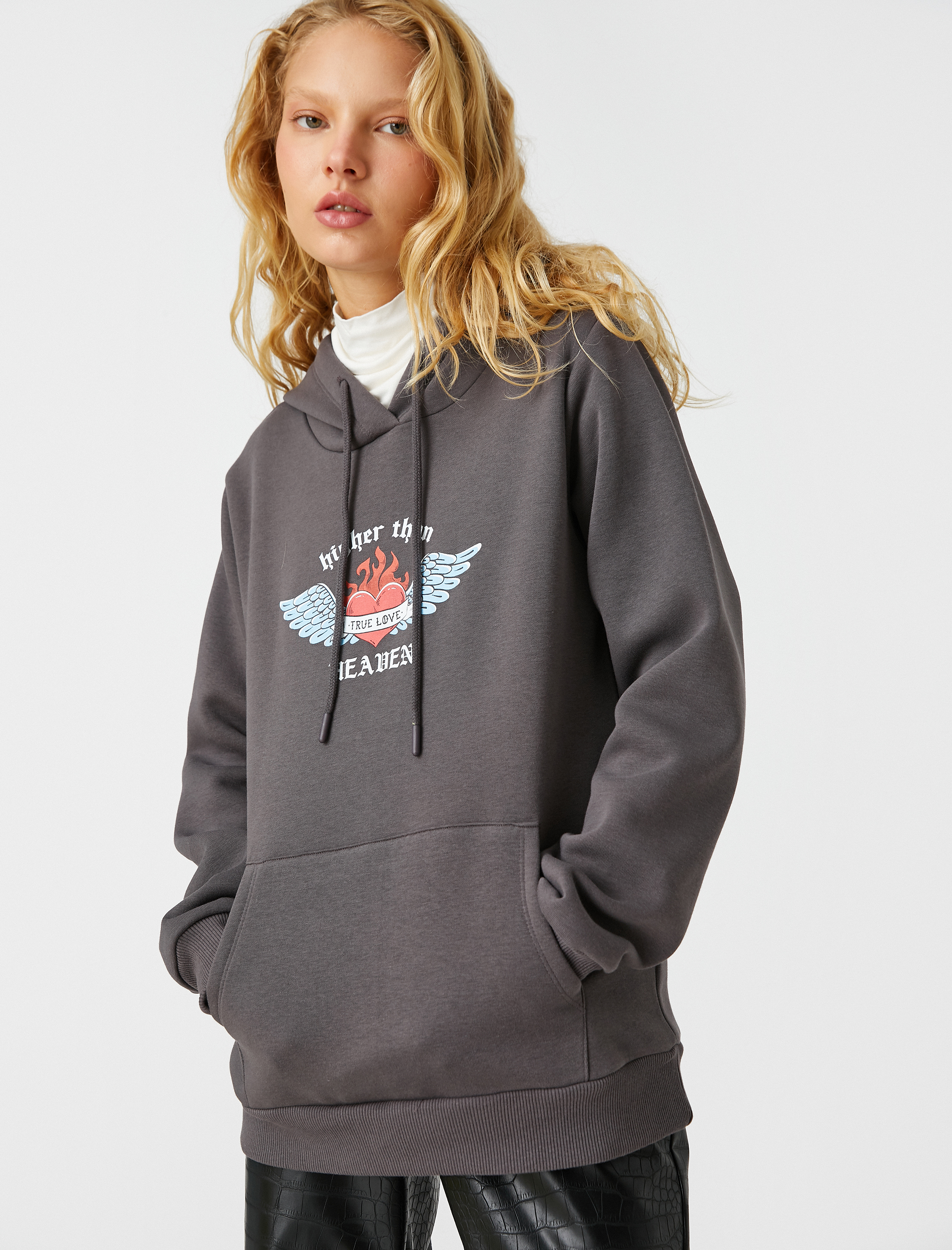   Baskılı Sweatshirt Kapüşonlu Cep Detaylı İçi Polarlı