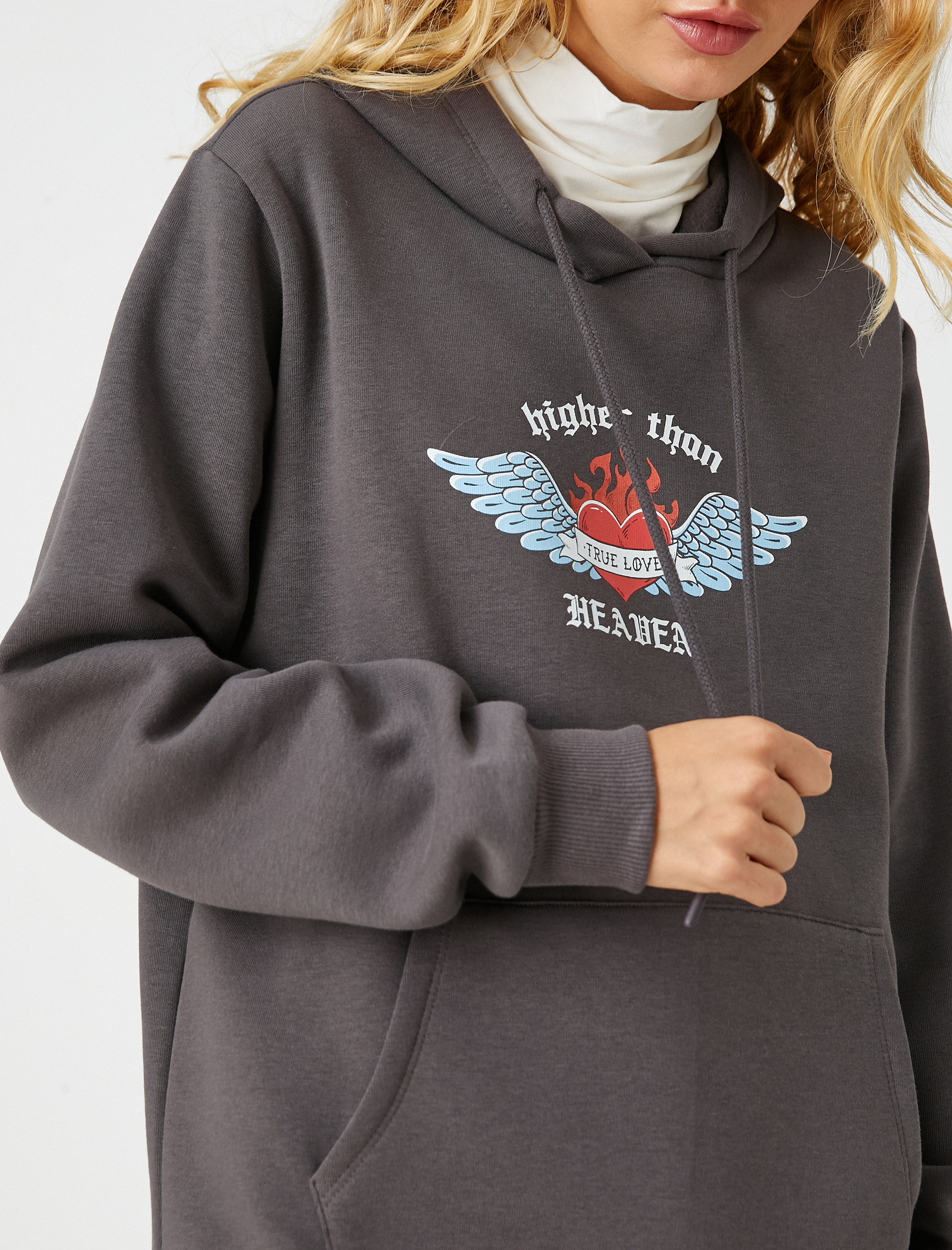   Baskılı Sweatshirt Kapüşonlu Cep Detaylı İçi Polarlı