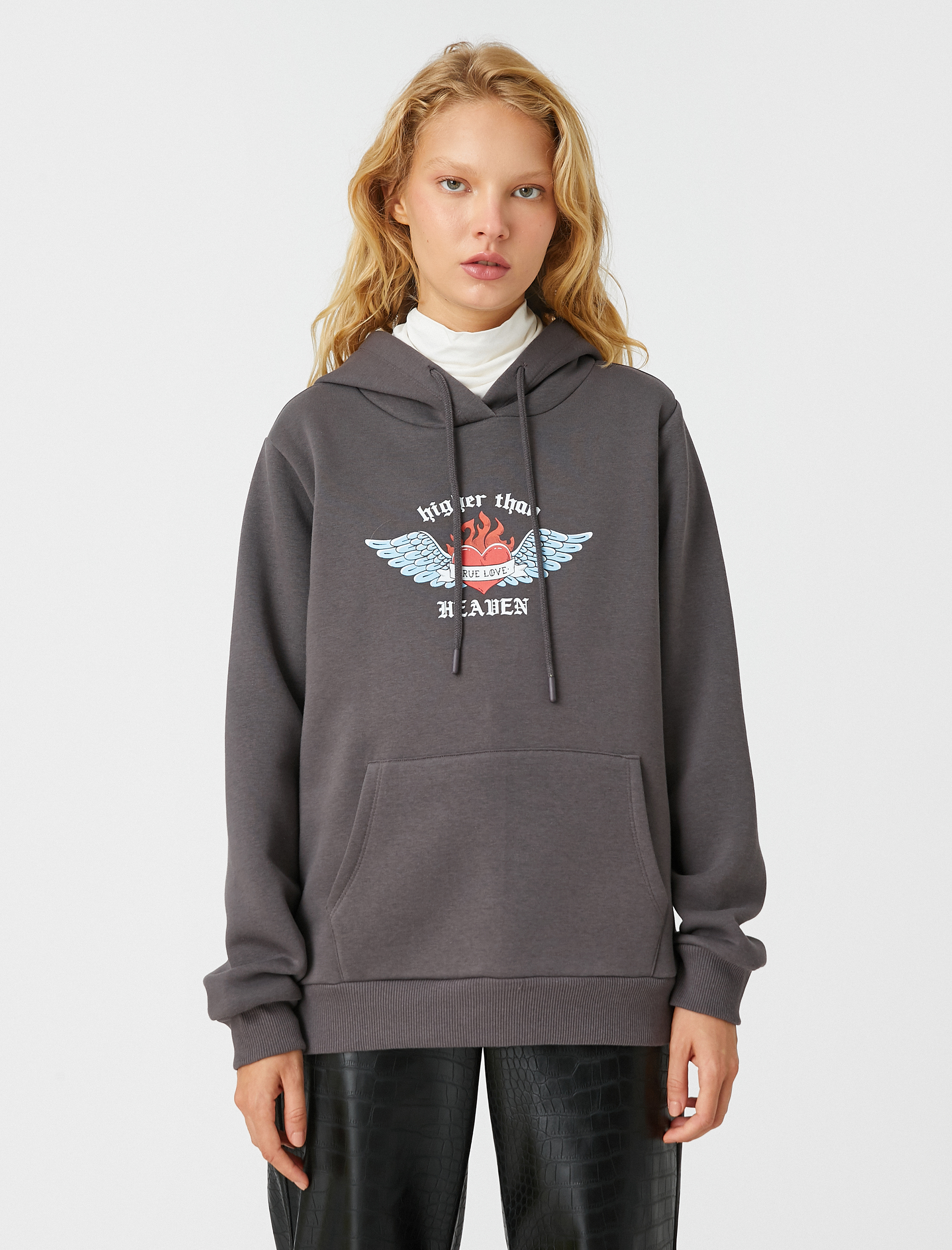   Baskılı Sweatshirt Kapüşonlu Cep Detaylı İçi Polarlı