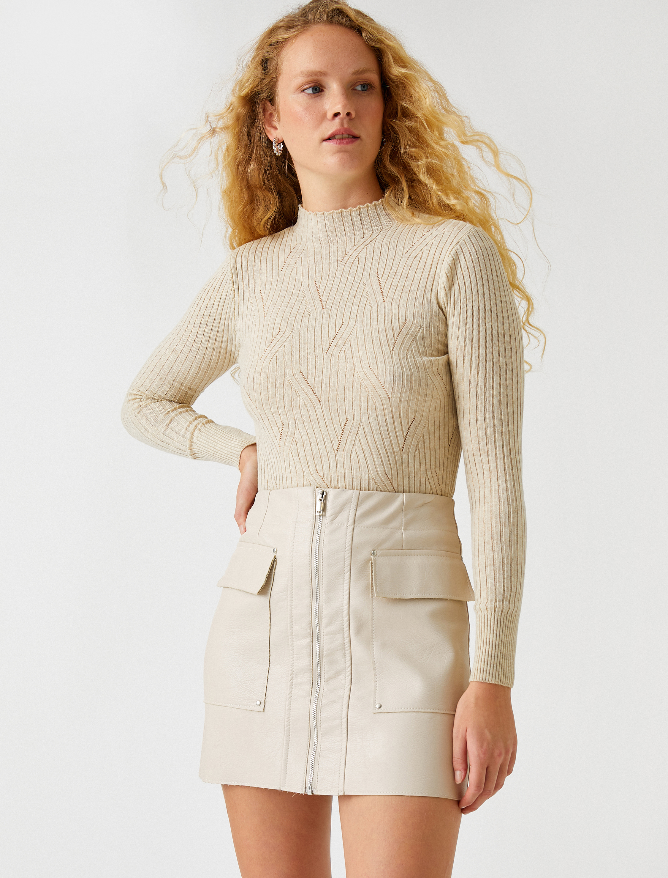   Balıkçı Yaka Kazak Örgü Desenli Kaşmir Dokulu