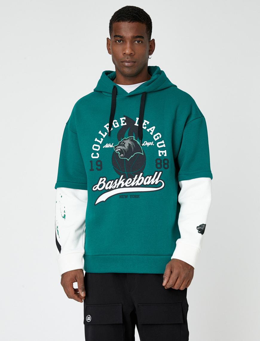   Oversize Sweatshirt Kapşonlu Kolej Baskılı Şardonlu