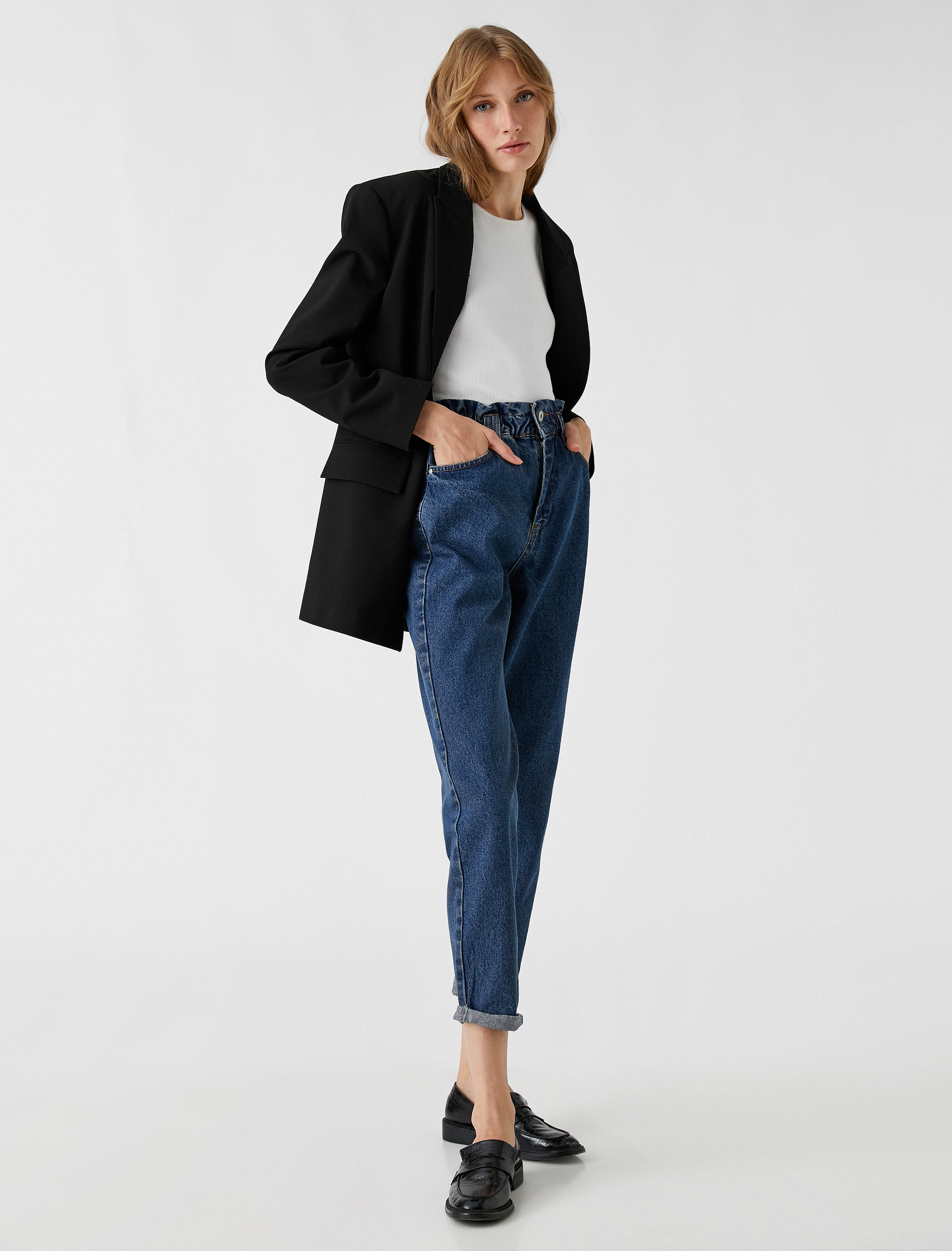   Yüksek Bel Kot Pantolon Hafif Dar Paça - Mom Jean