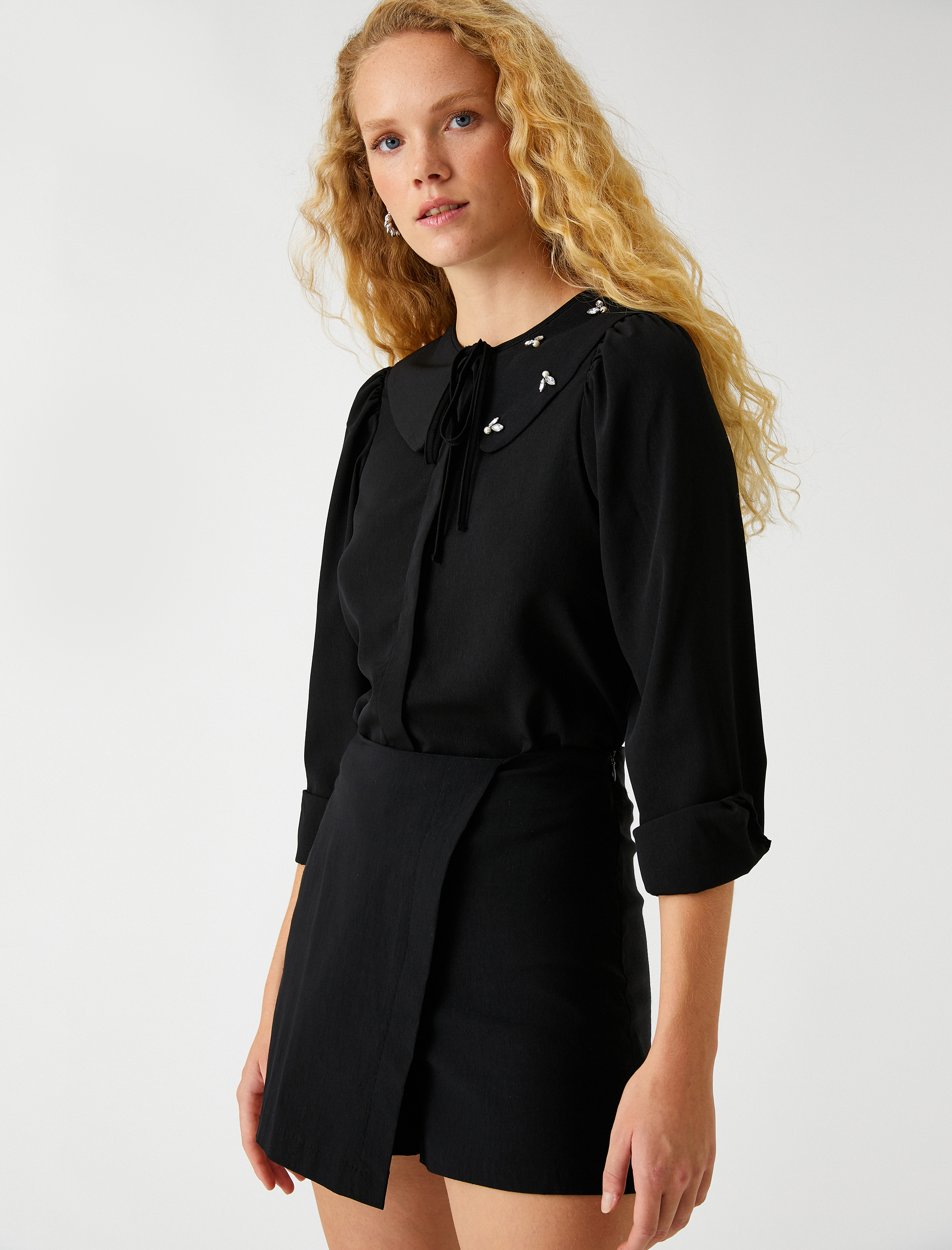   Taşlı Gömlek Bebek Yaka Uzun Kollu