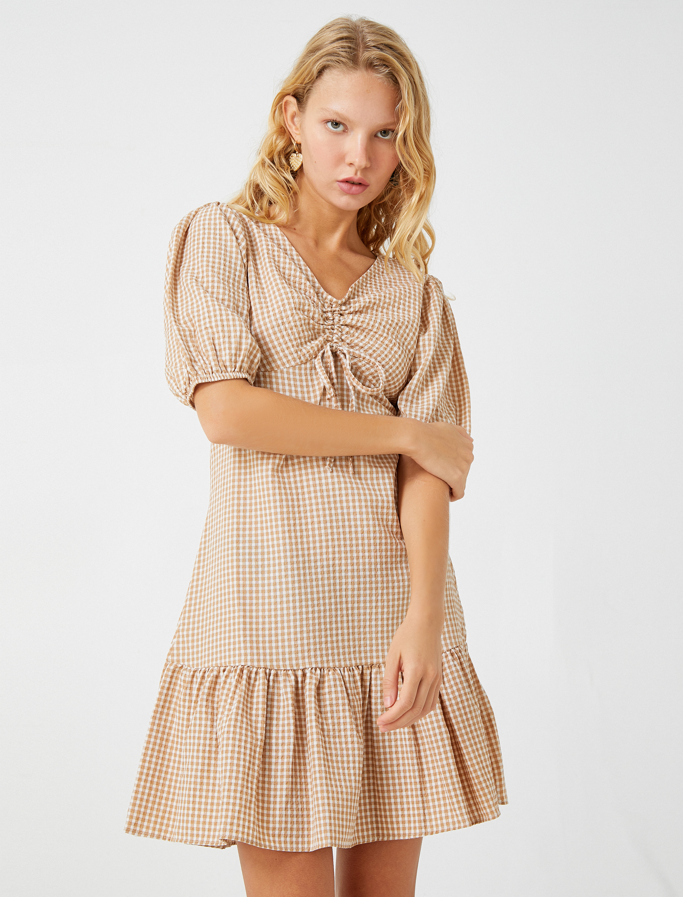   Balon Kollu Elbise Büzgülü V Yaka