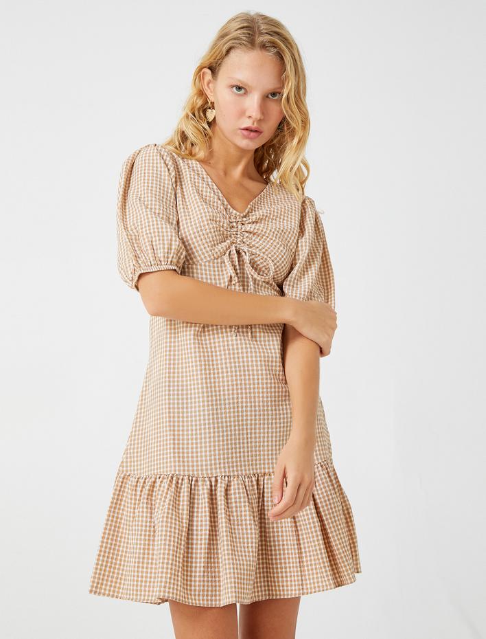  Balon Kollu Elbise Büzgülü V Yaka