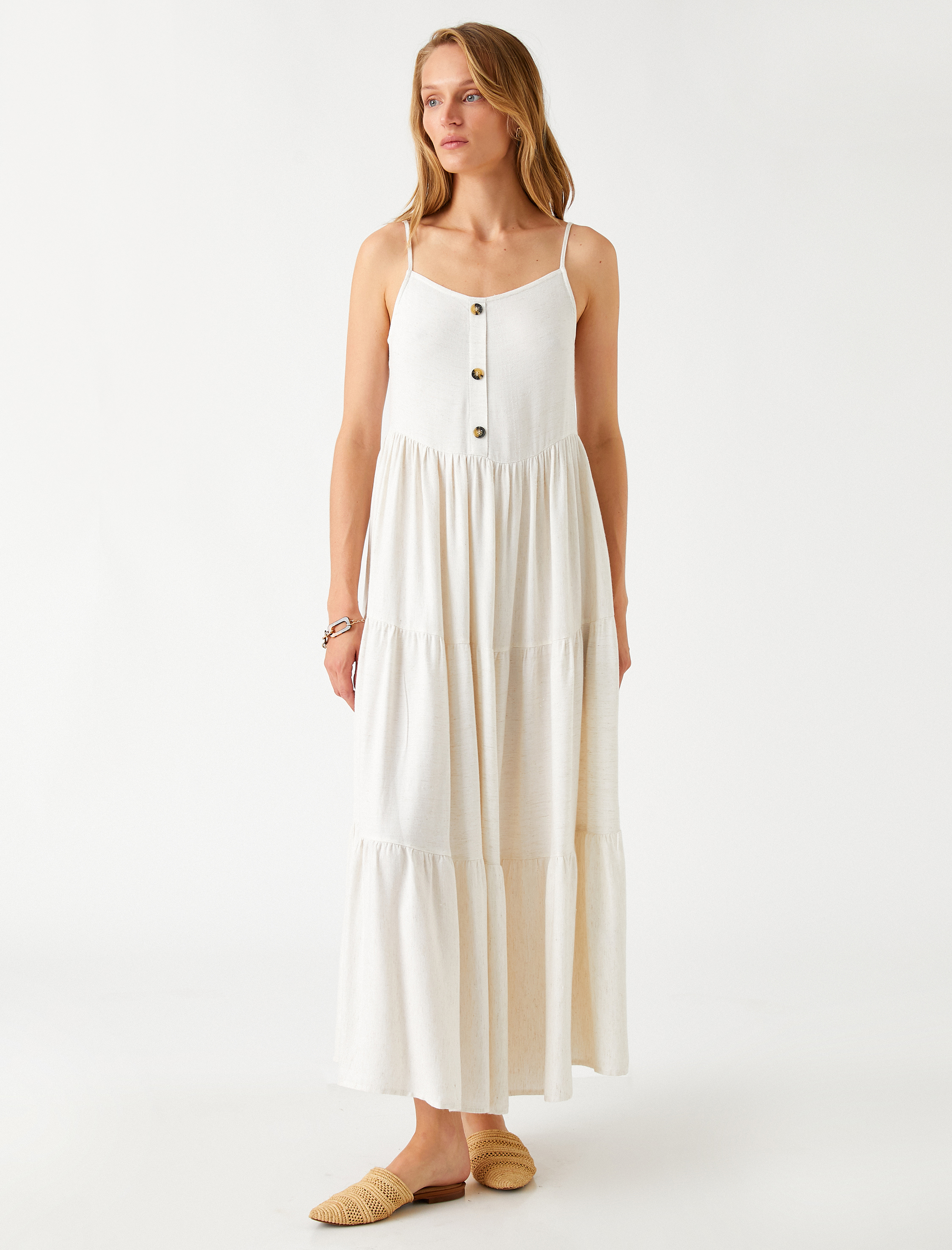   Askılı Uzun Viskon Elbise Düğme Detaylı