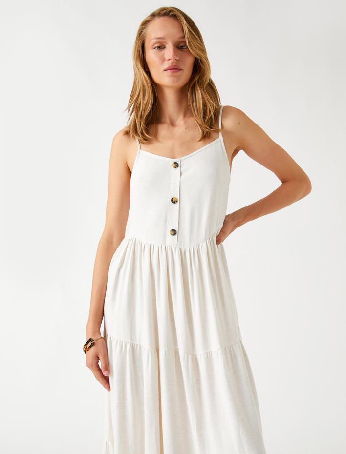  Askılı Uzun Viskon Elbise Düğme Detaylı