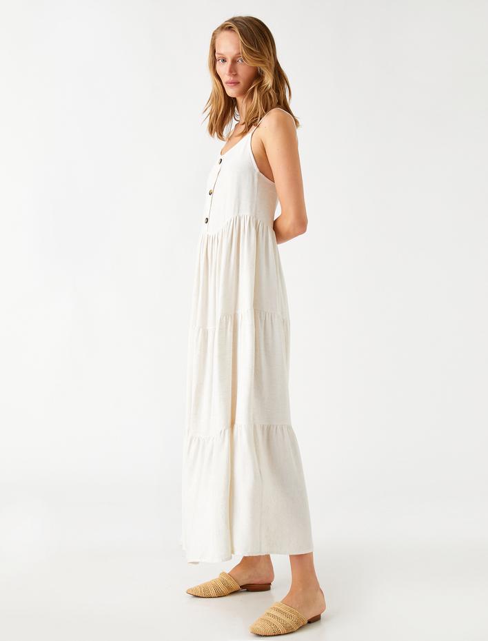  Askılı Uzun Viskon Elbise Düğme Detaylı