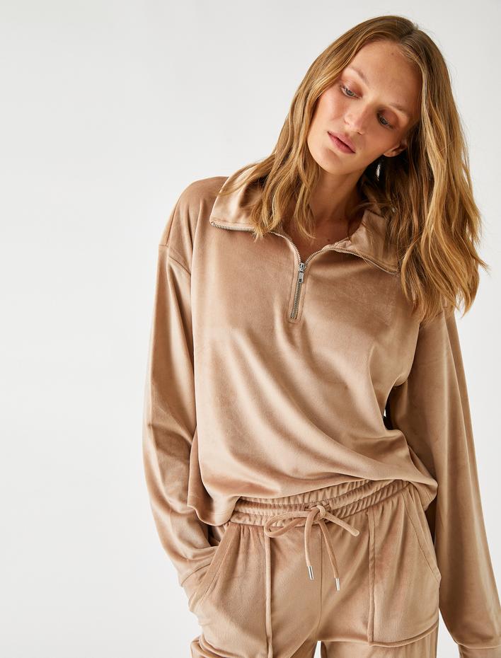  Kışlık Pijama Üstü Kadife Dik Yaka Fermuarlı