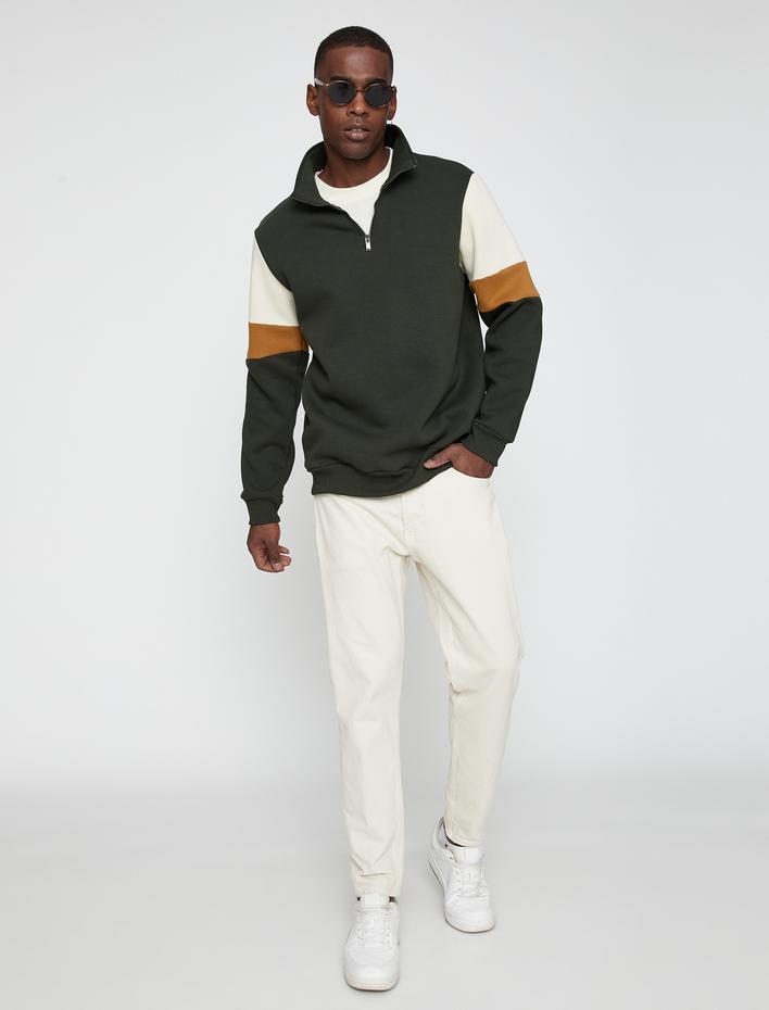  Dik Yaka Sweatshirt Şardonlu Renk Bloklu Fermuarlı