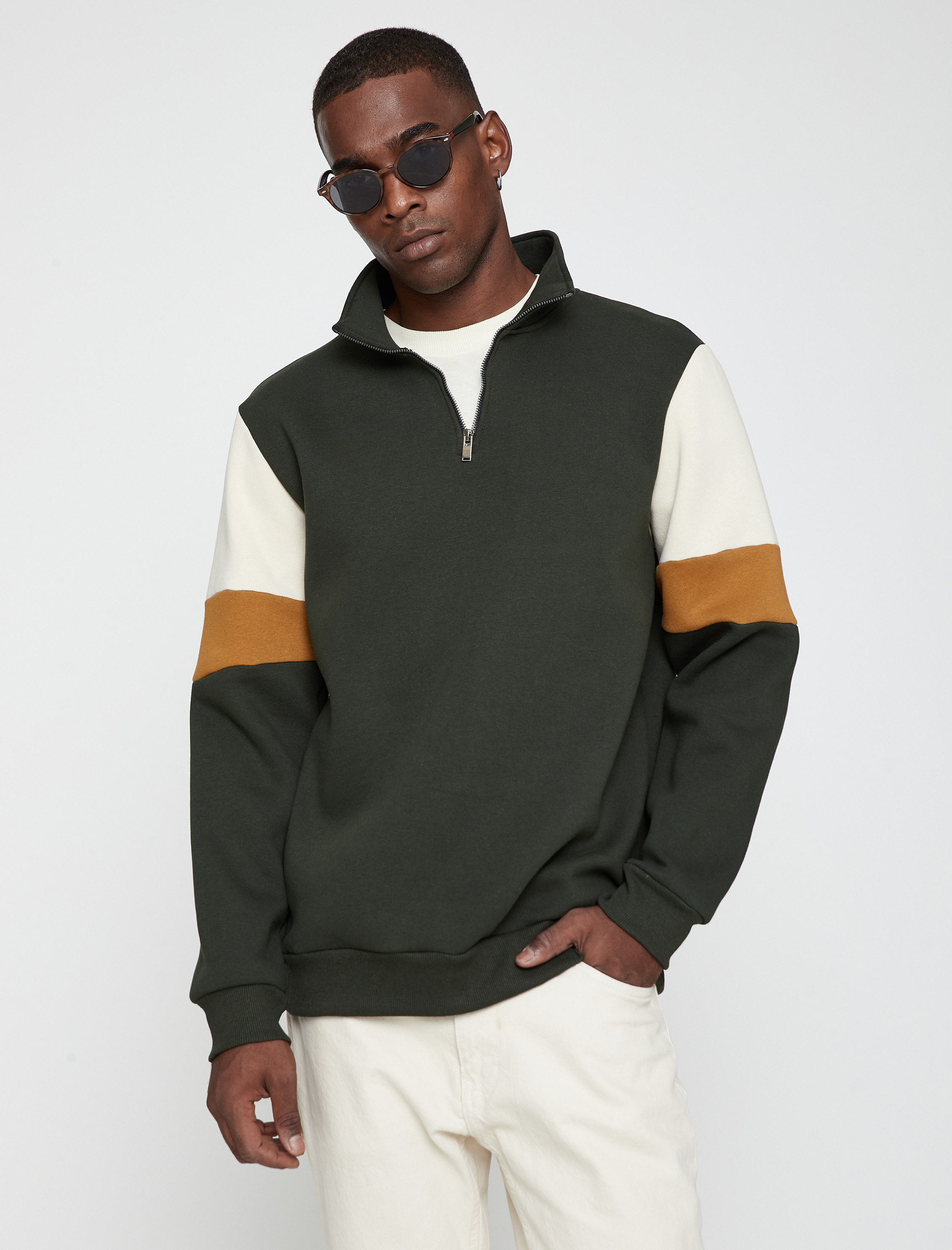   Dik Yaka Sweatshirt Şardonlu Renk Bloklu Fermuarlı