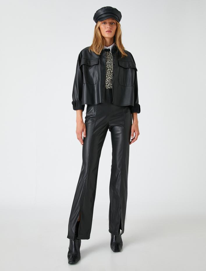  Suni Deri Pantolon Yırtmaç Detaylı