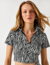 Zebra Desenli Crop Tişört Balıkçı Yaka