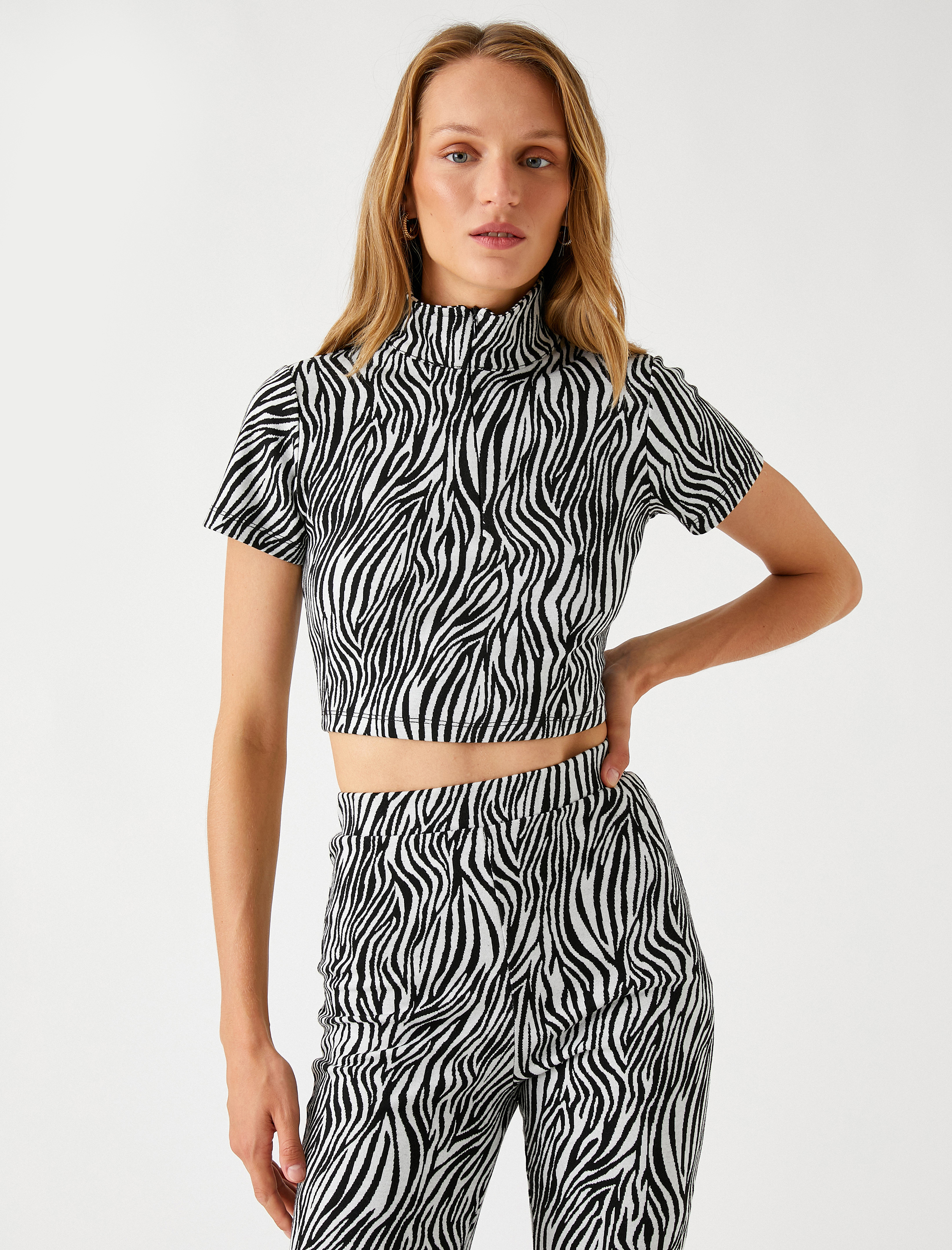  Zebra Desenli Crop Tişört Balıkçı Yaka