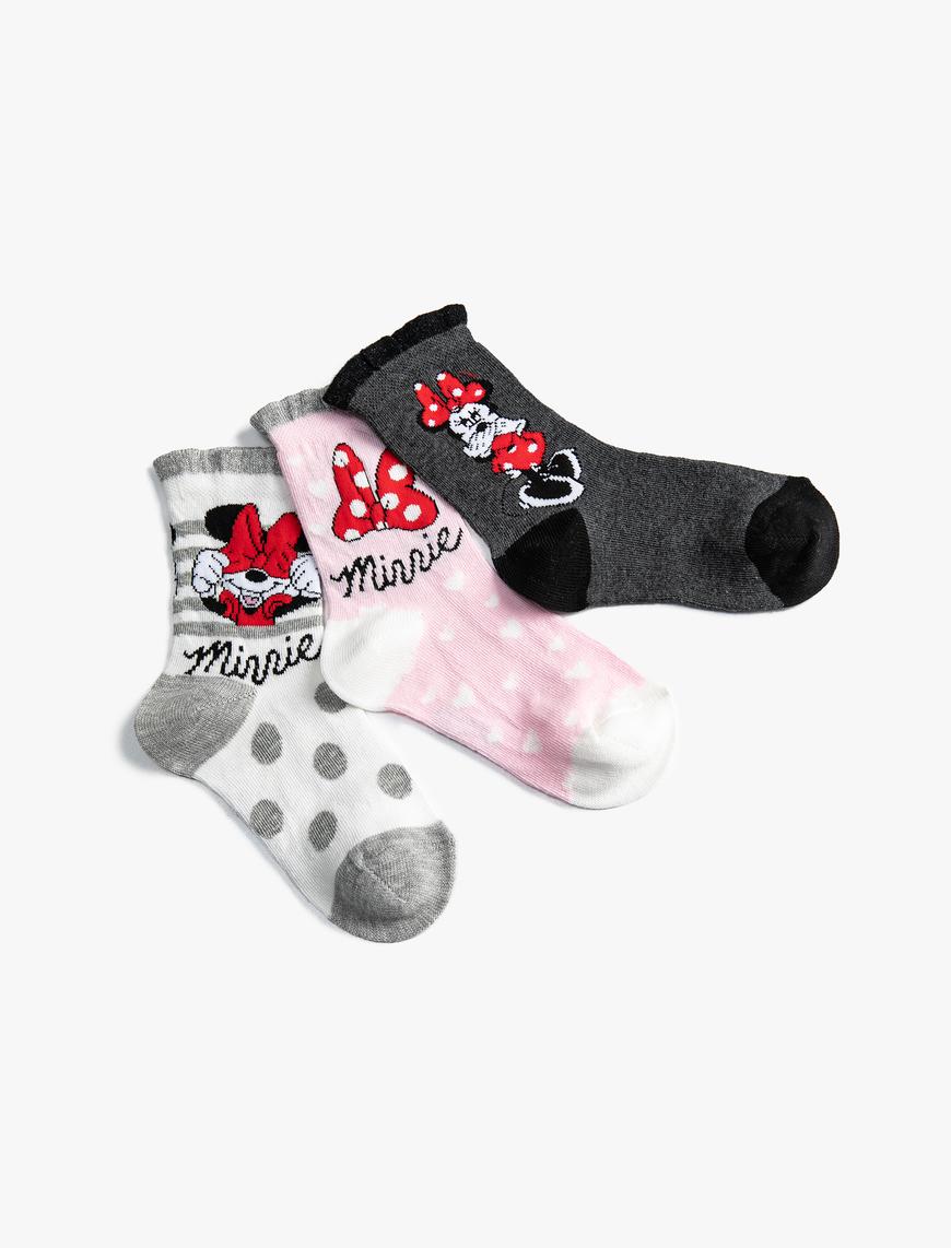  Kız Çocuk 3'lü Minnie Mouse Baskılı Çorap Seti Lisanslı
